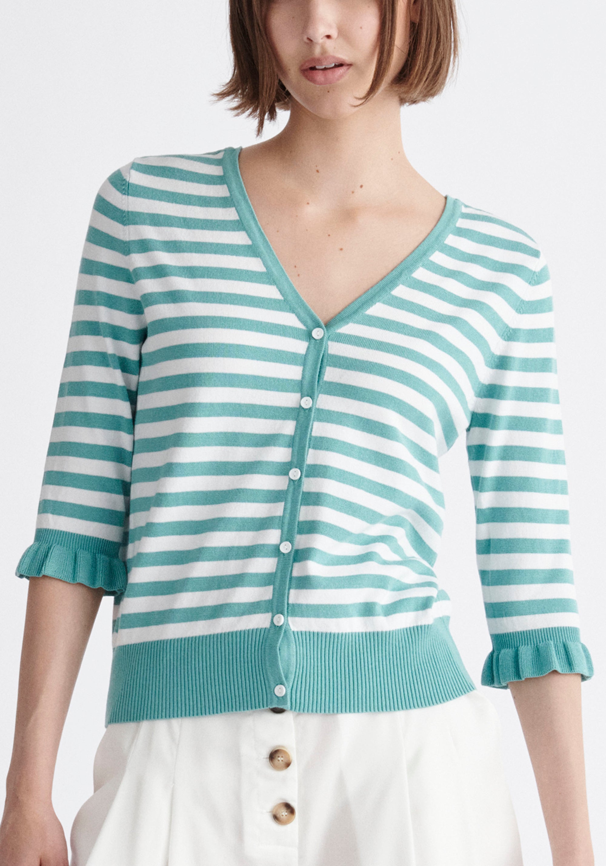 Paisie Striped Frilled Two-Way Top in Teal and White Close Up