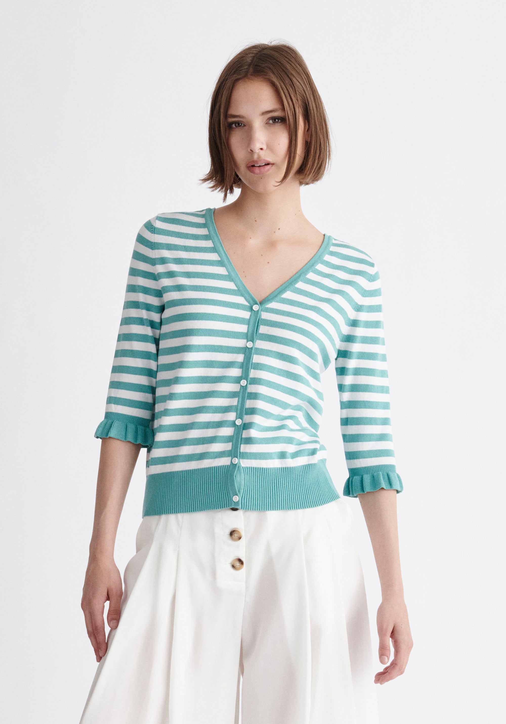 Paisie Striped Frilled Two-Way Top in Teal and White