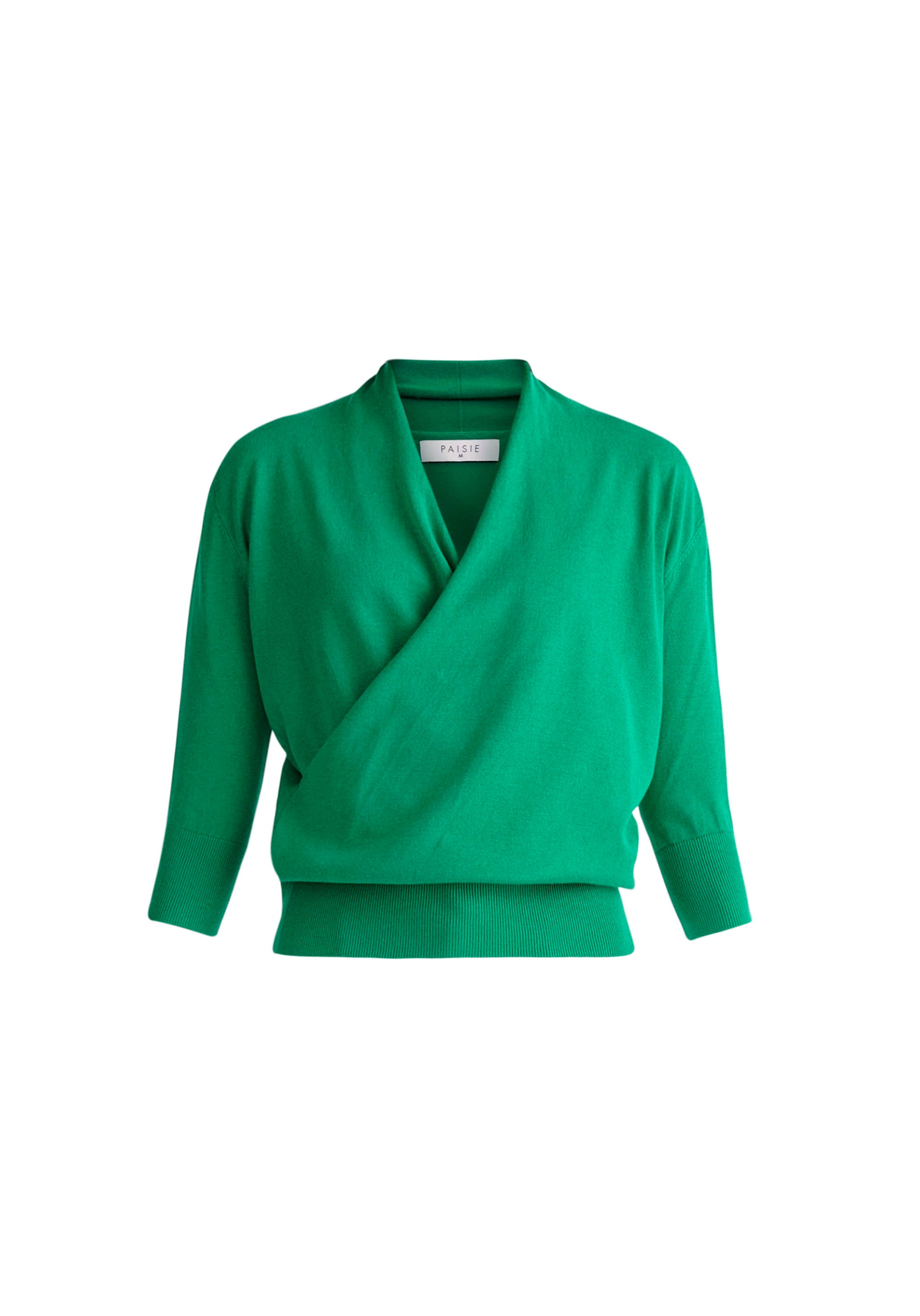 Paisie Cropped Sleeve Knitted Wrap Top in Green Cut Out