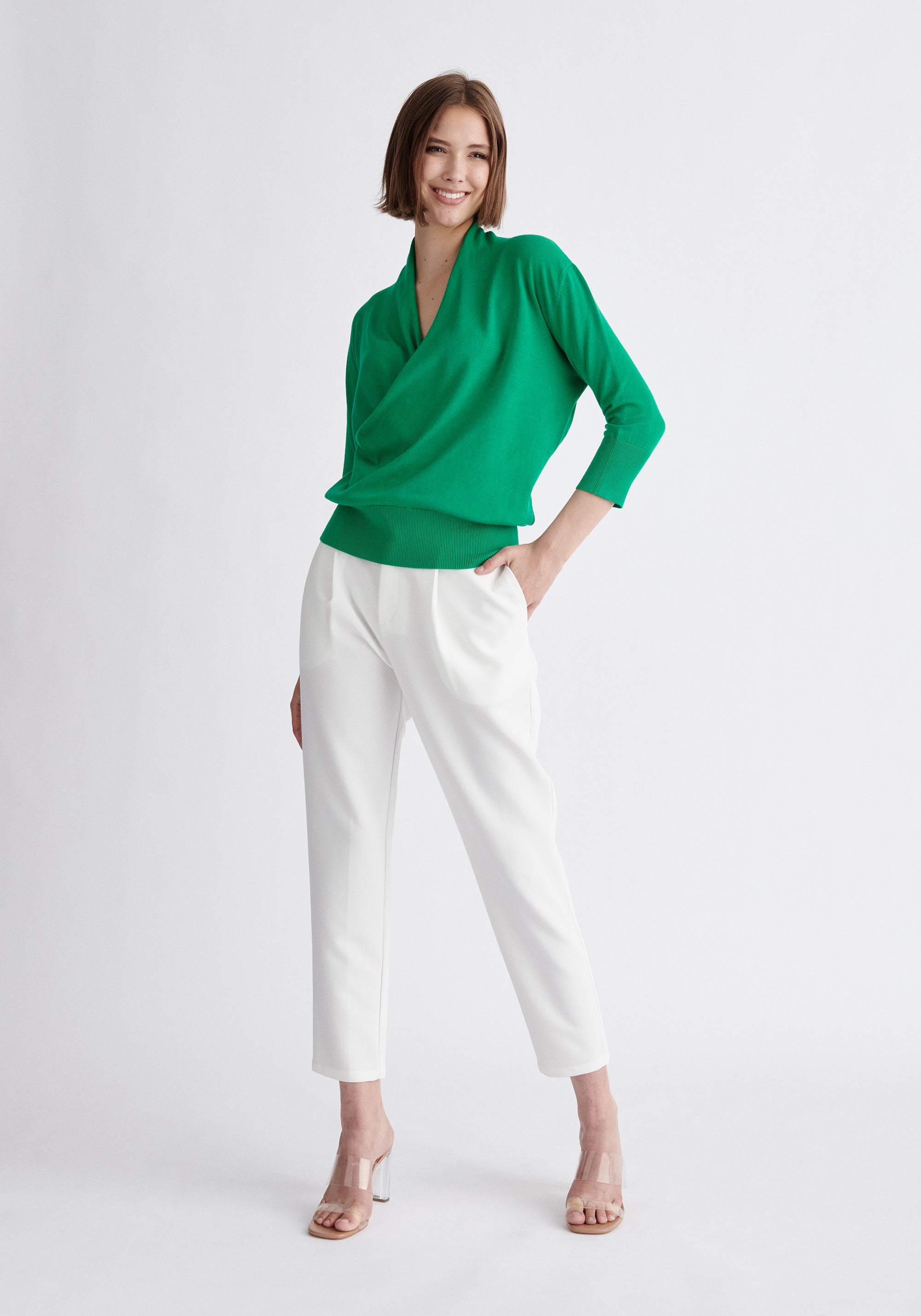 Paisie Cropped Sleeve Knitted Wrap Top in Green