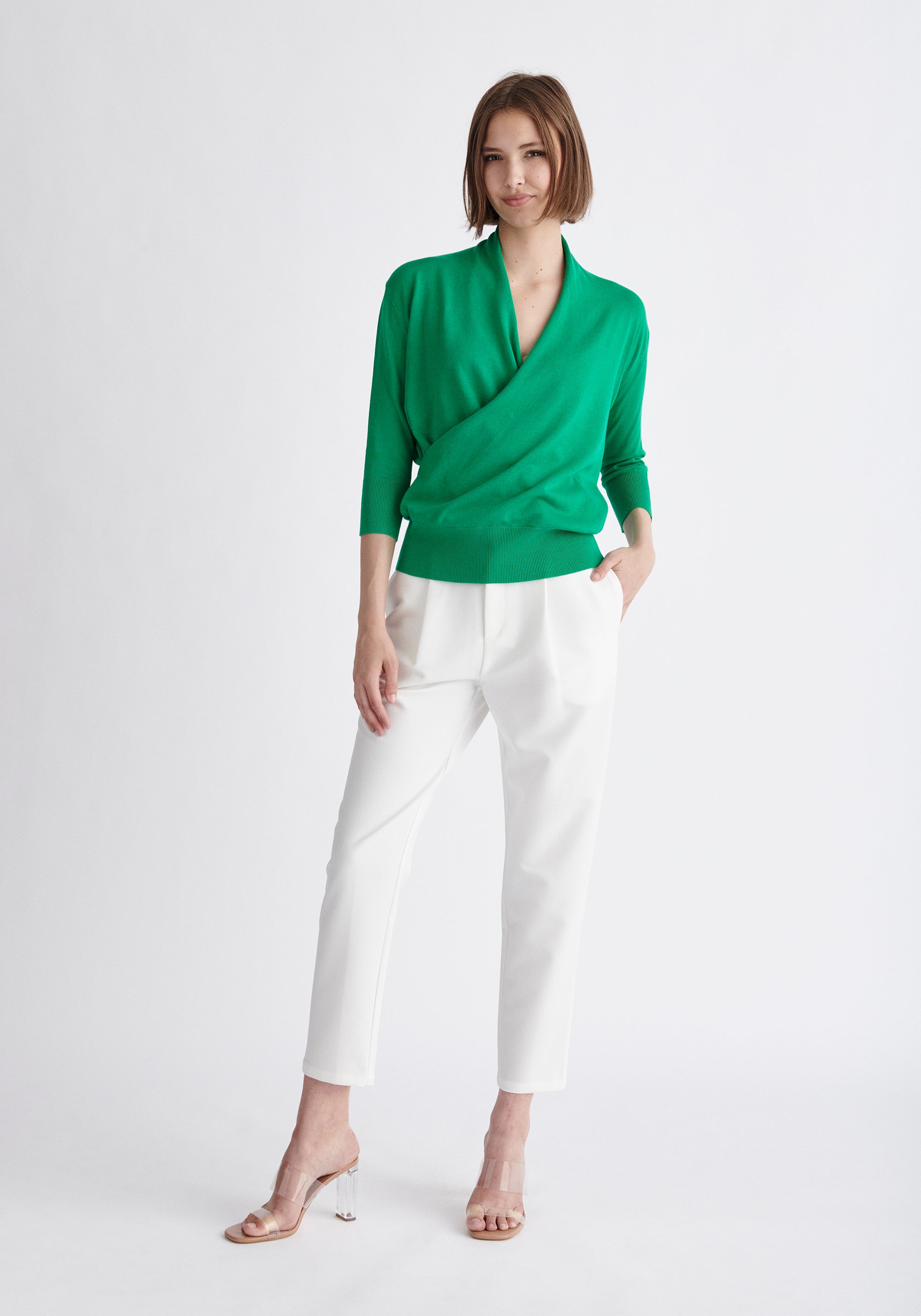 Paisie Cropped Sleeve Knitted Wrap Top in Green