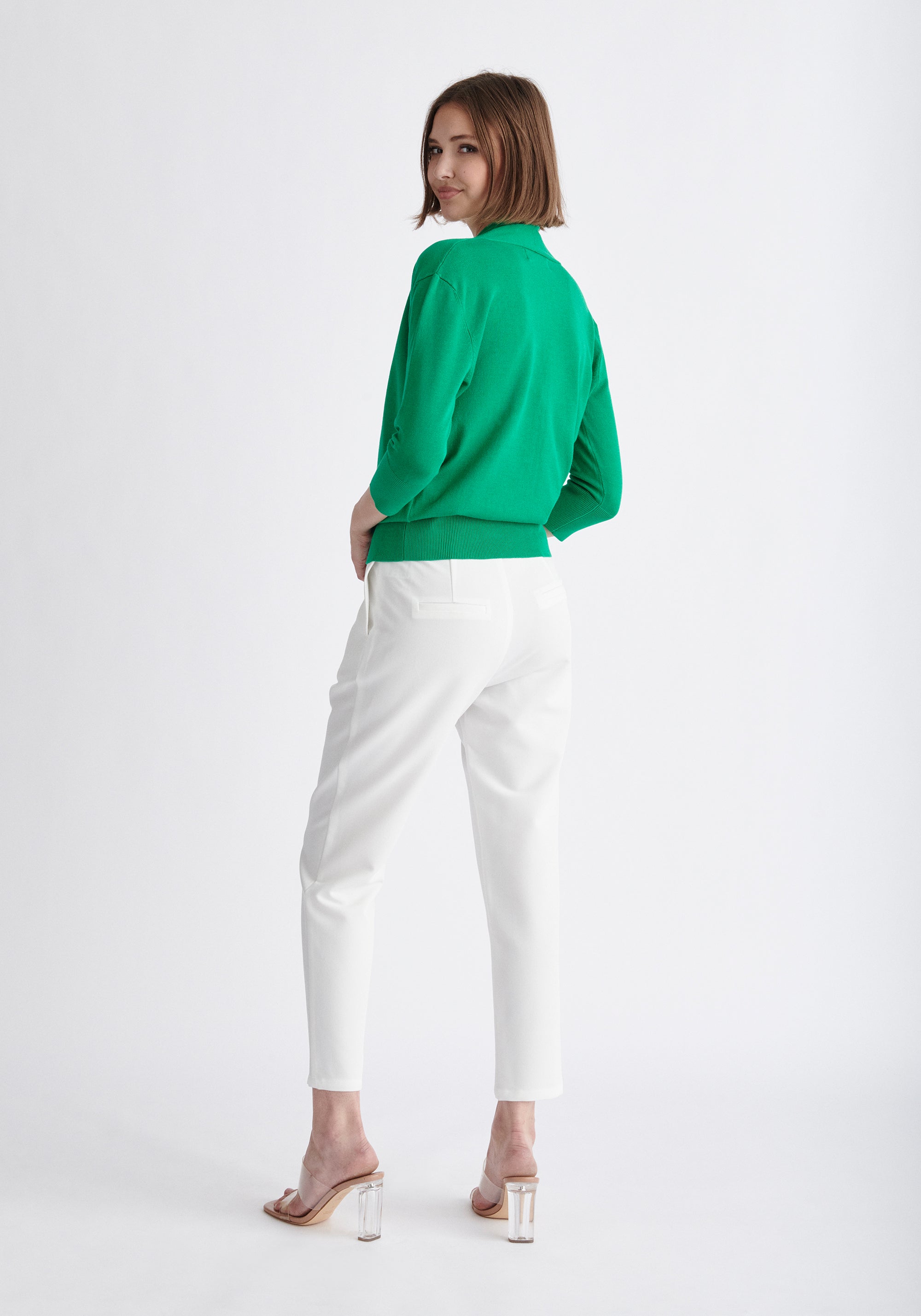 Paisie Cropped Sleeve Knitted Wrap Top in Green Back