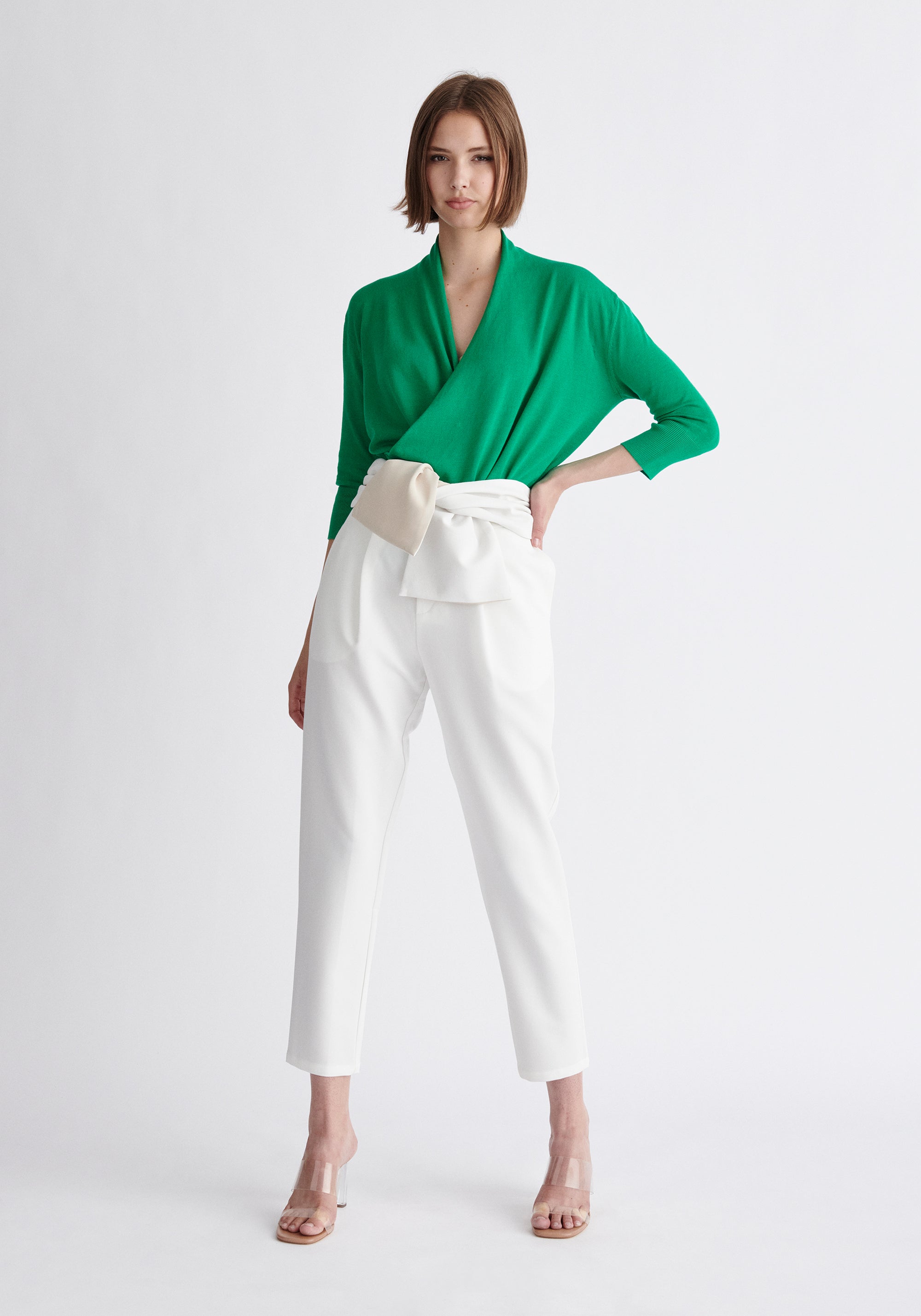 Paisie Cropped Sleeve Knitted Wrap Top in Green