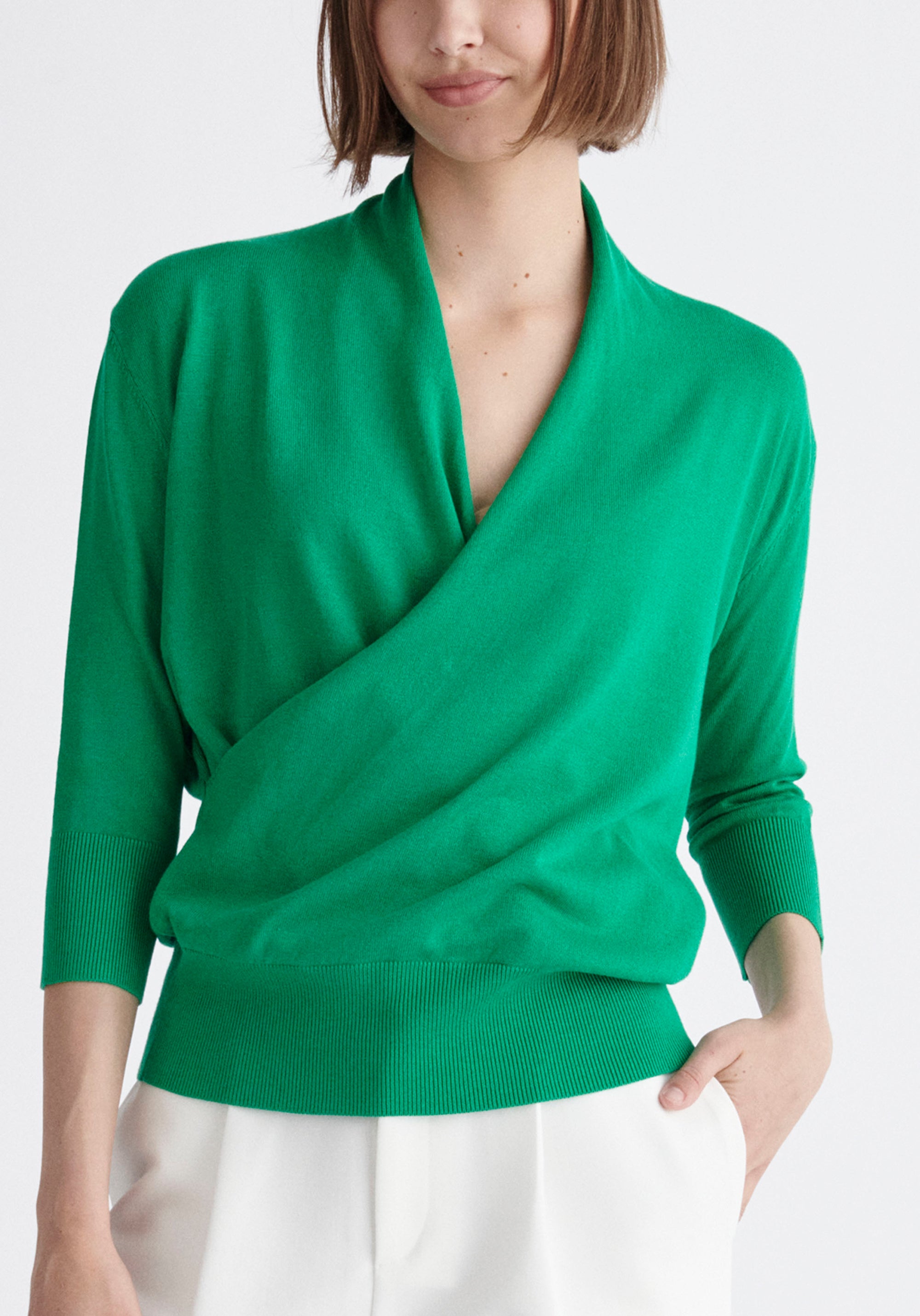 Paisie Cropped Sleeve Knitted Wrap Top in Green Close Up