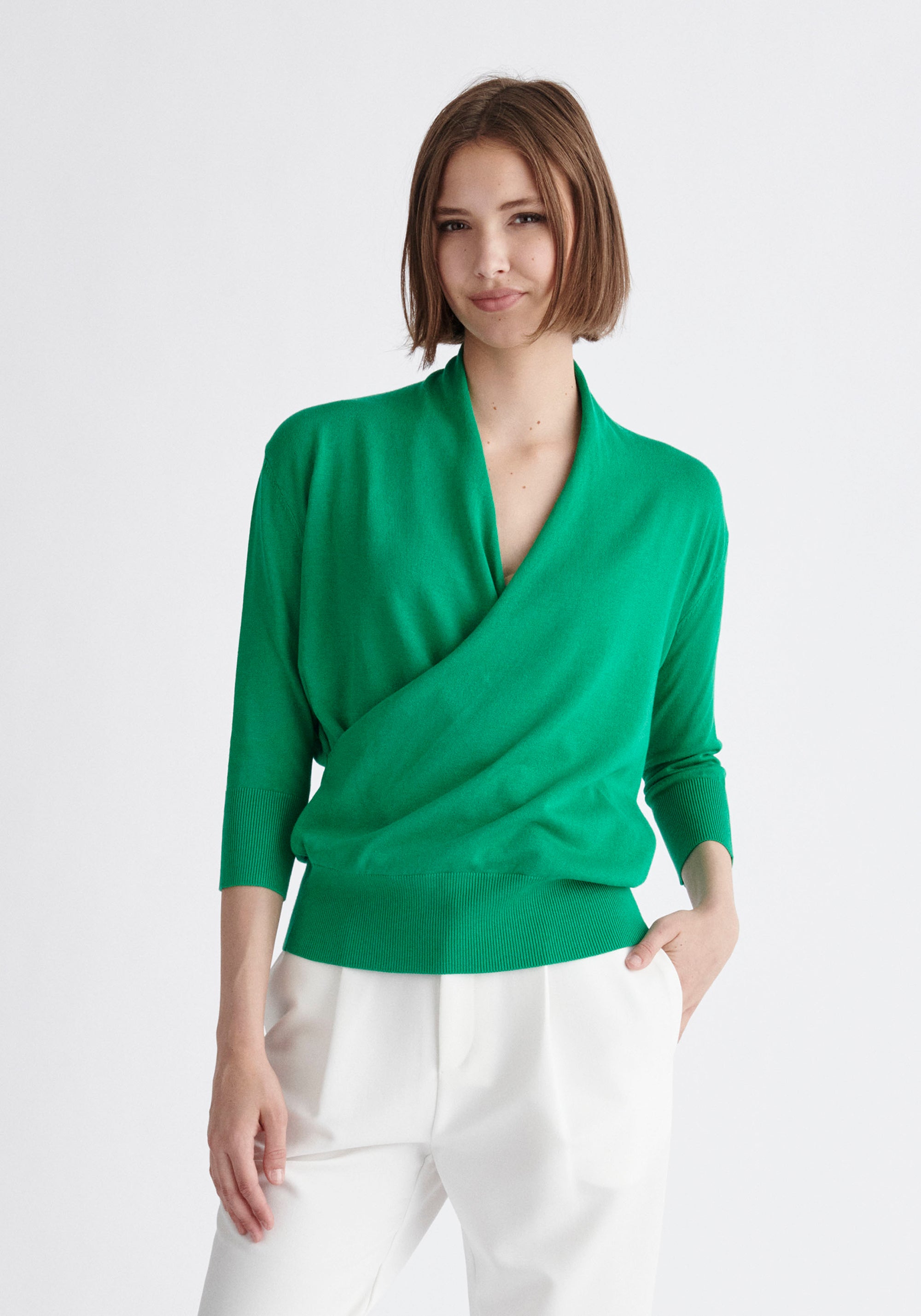 Paisie Cropped Sleeve Knitted Wrap Top in Green