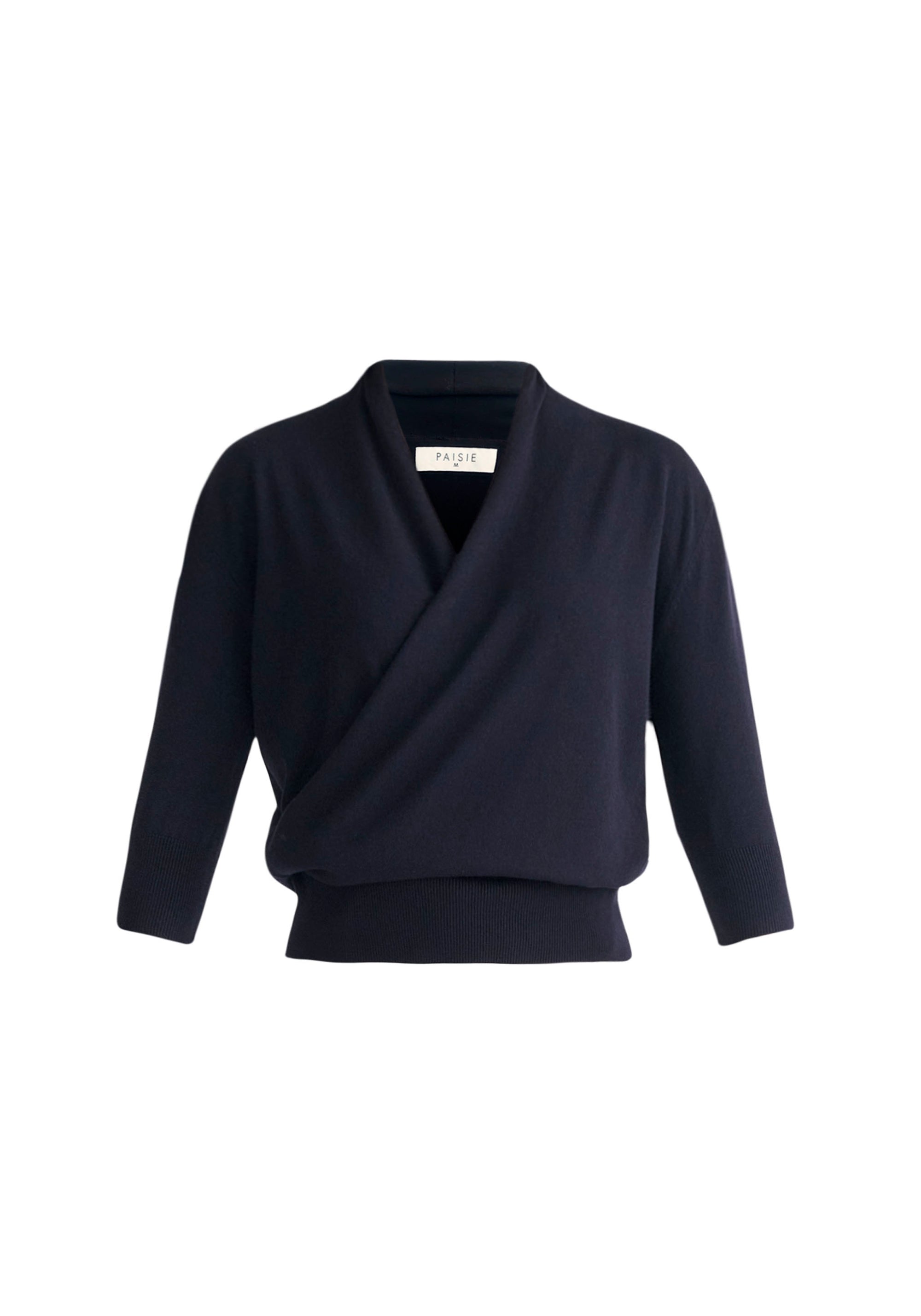 Paisie Cropped Sleeve Knitted Wrap Top in Navy Cut Out