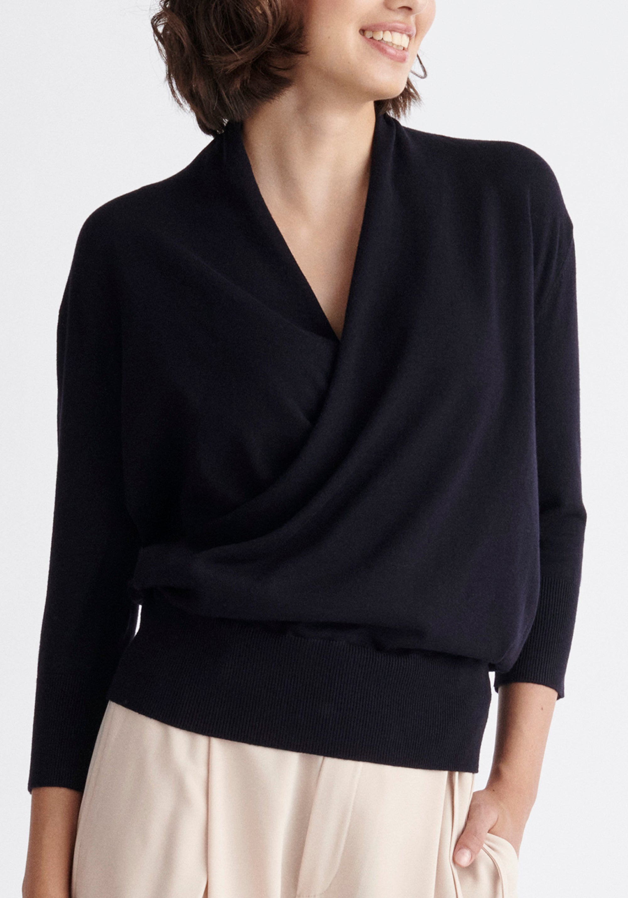 Paisie Cropped Sleeve Knitted Wrap Top in Navy Close Up