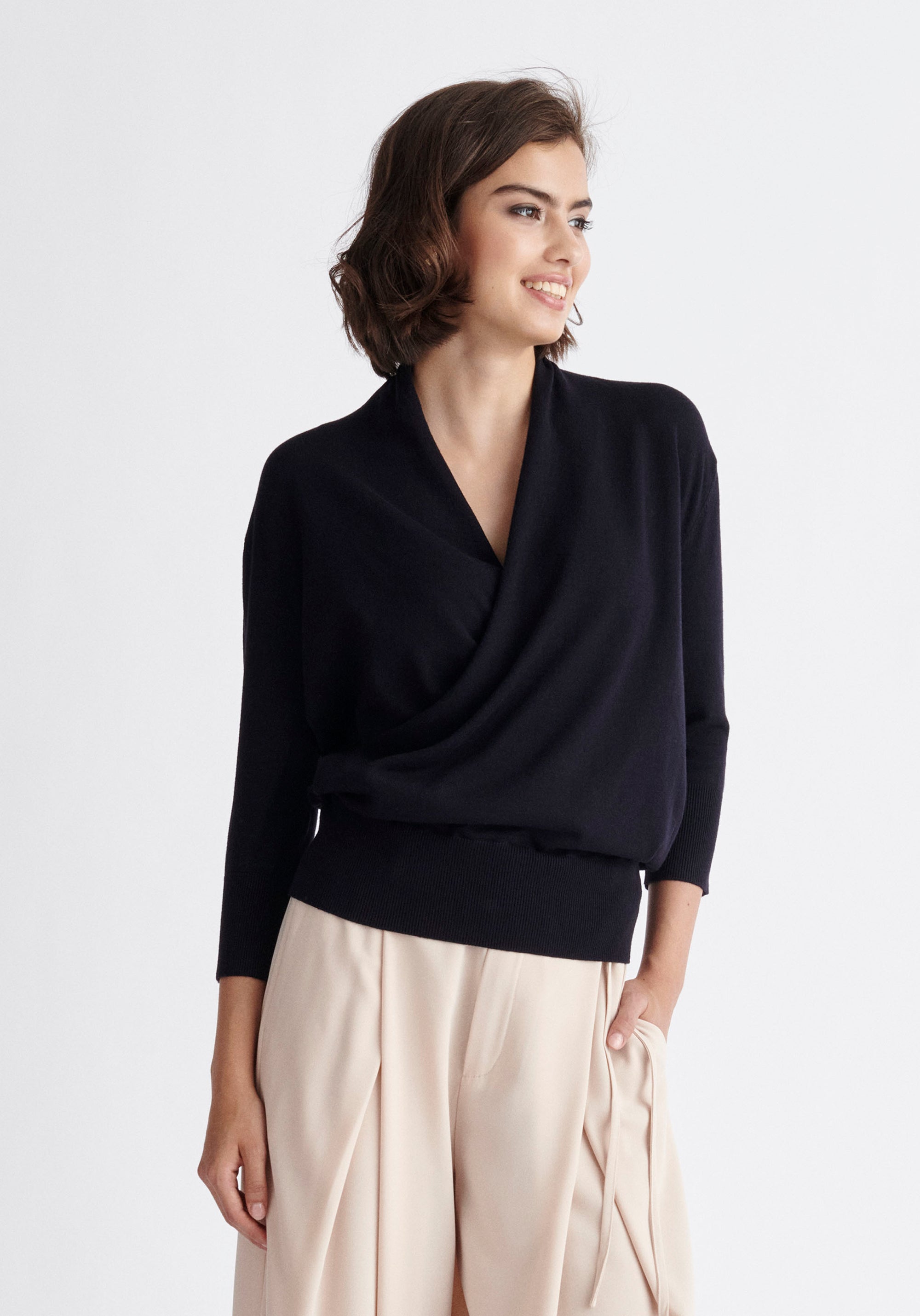 Paisie Cropped Sleeve Knitted Wrap Top in Navy