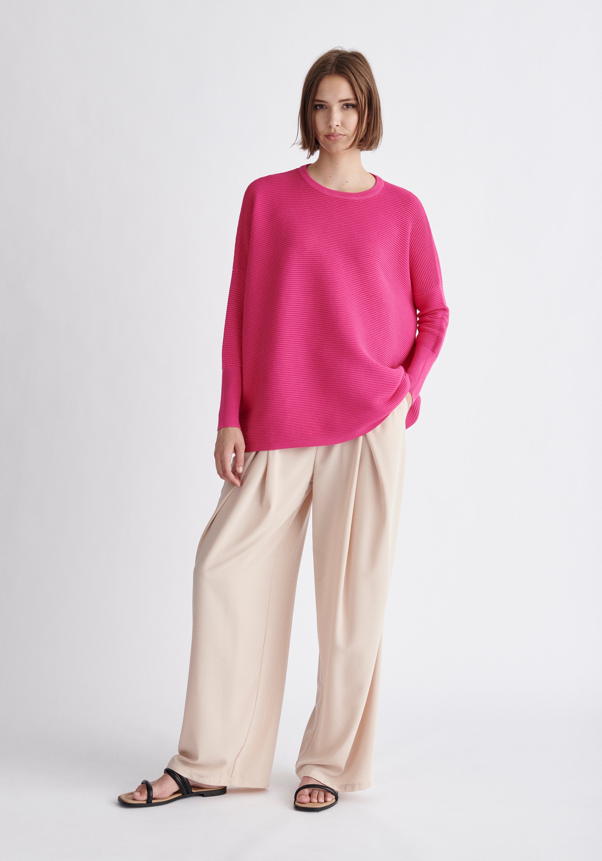 Paisie Ribbed Oversized Knit Jumper in Hot Pink