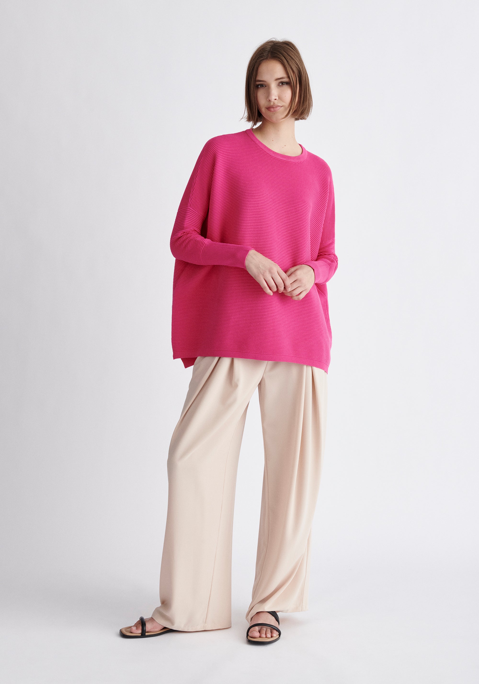 Paisie Ribbed Oversized Knit Jumper in Hot Pink