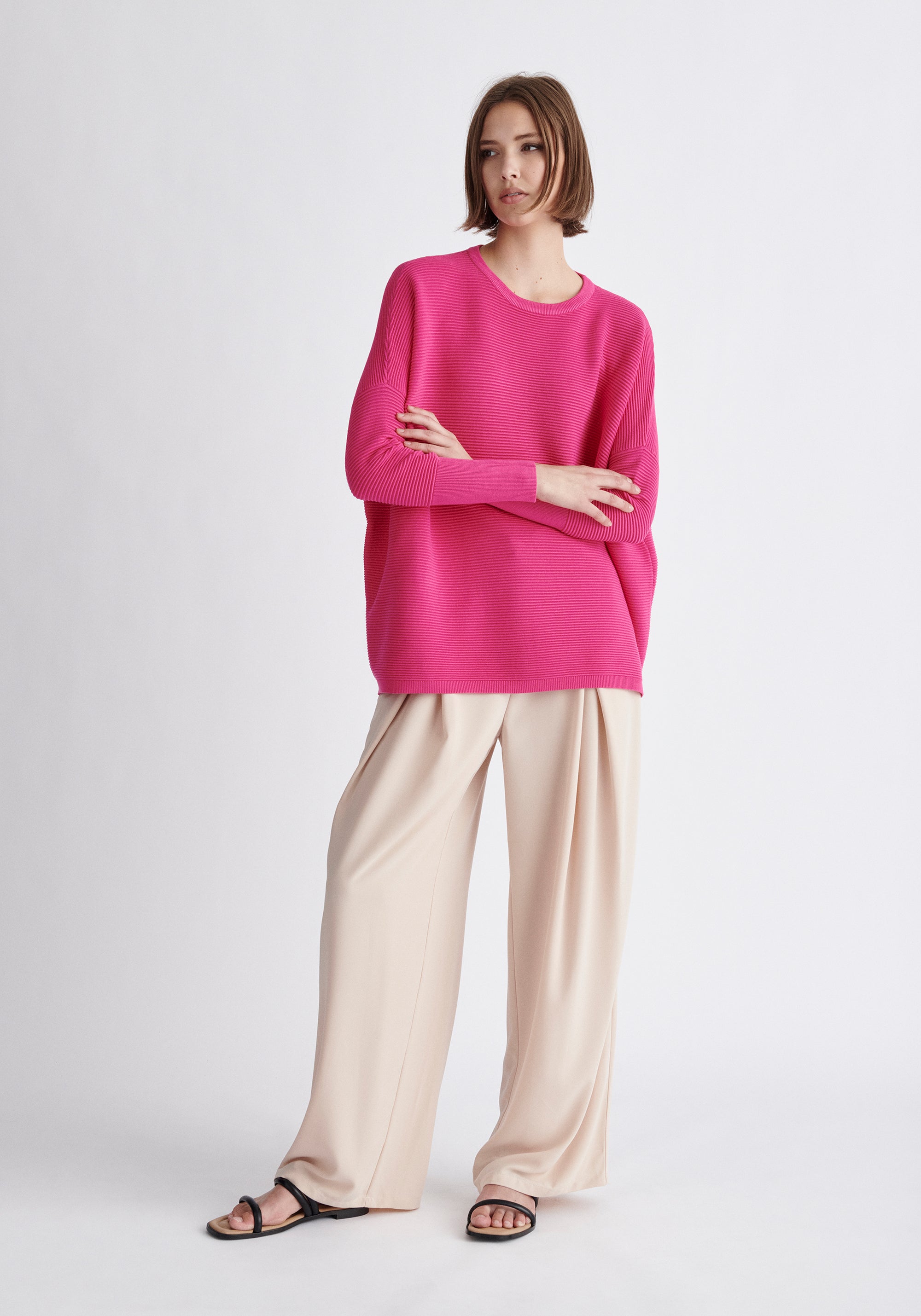 Paisie Ribbed Oversized Knit Jumper in Hot Pink