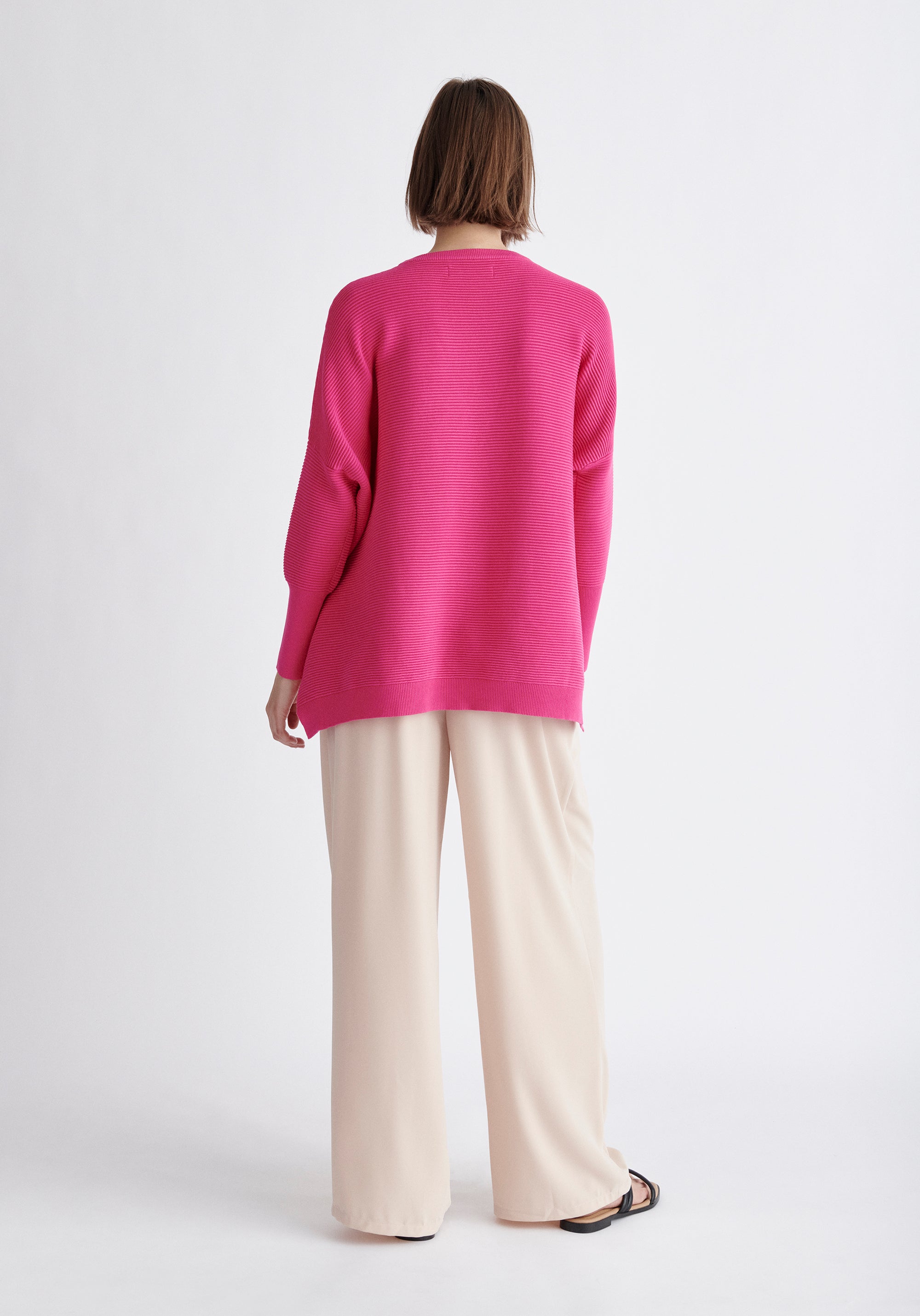 Paisie Ribbed Oversized Knit Jumper in Hot Pink Back