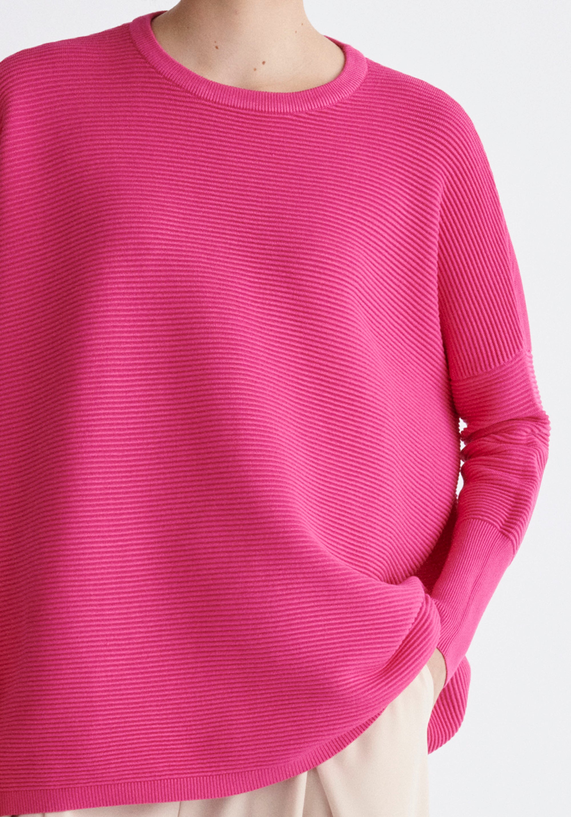 Paisie Ribbed Oversized Knit Jumper in Hot Pink Close Up