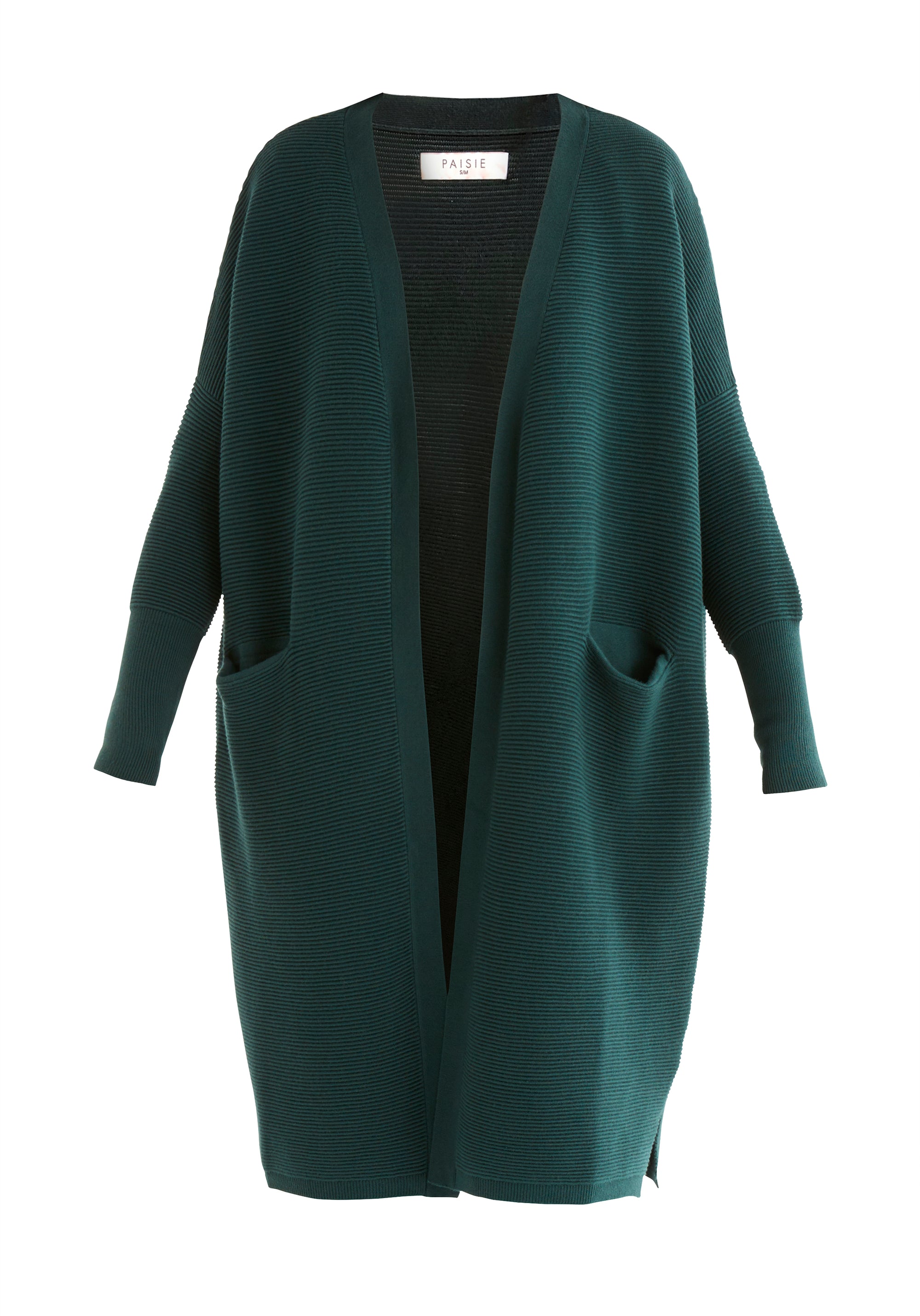 Paisie Long Ribbed Cardigan with Pockets in Green Cut Out