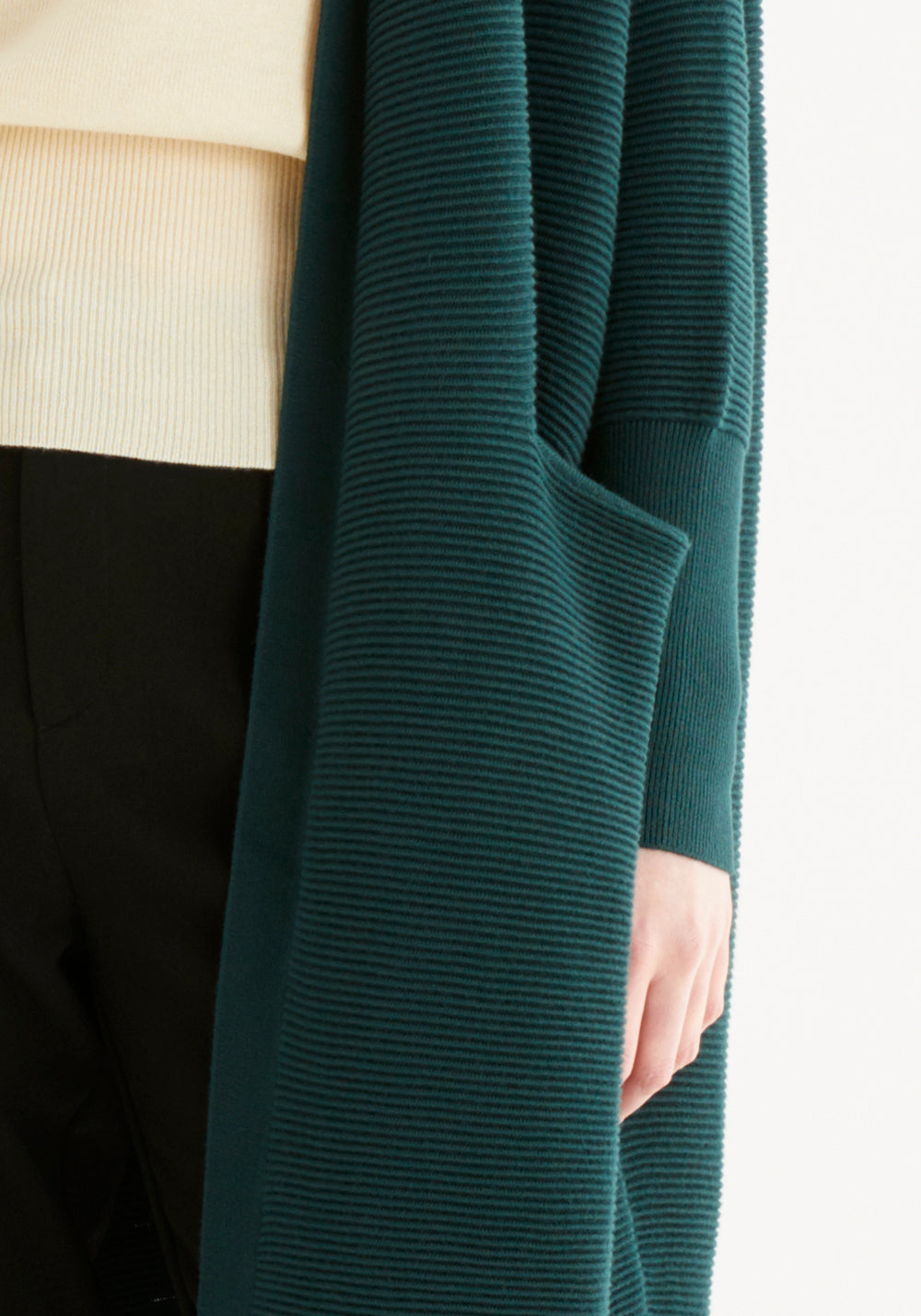 Paisie Long Ribbed Cardigan with Pockets in Green Close Up