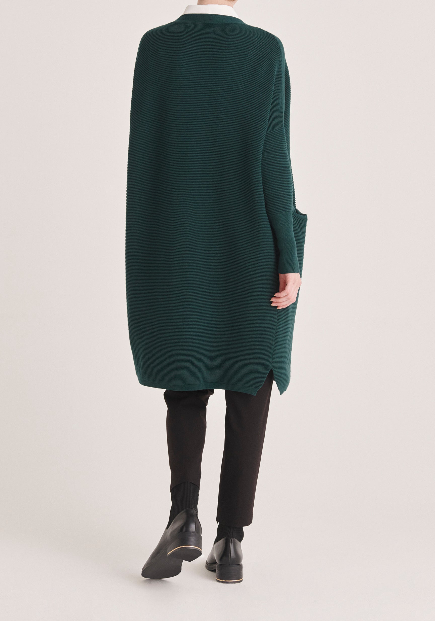 Paisie Long Ribbed Cardigan with Pockets in Green Back