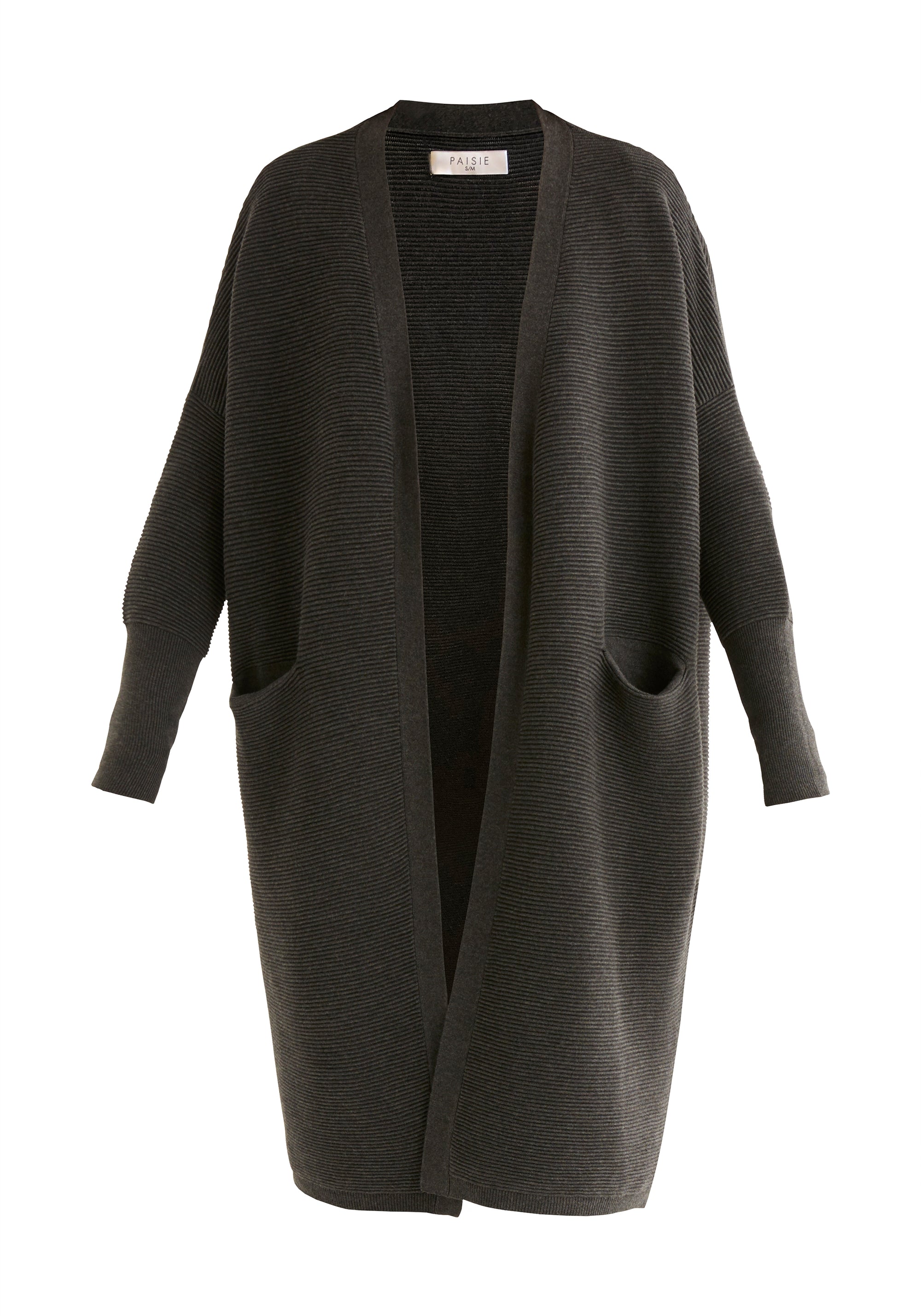 Paisie Long Ribbed Cardigan with Pockets in Dark Grey Cut Out