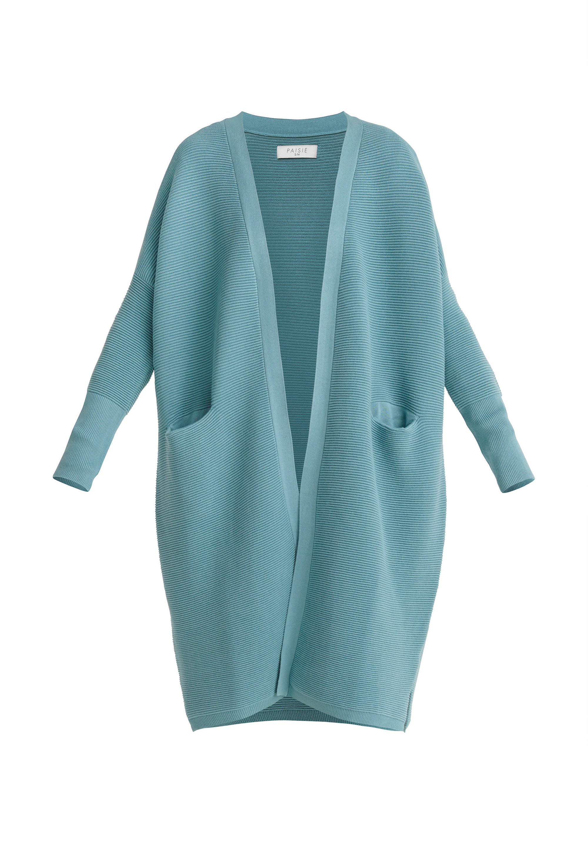 Paisie Long Ribbed Cardigan with Pockets in Teal Cut Out