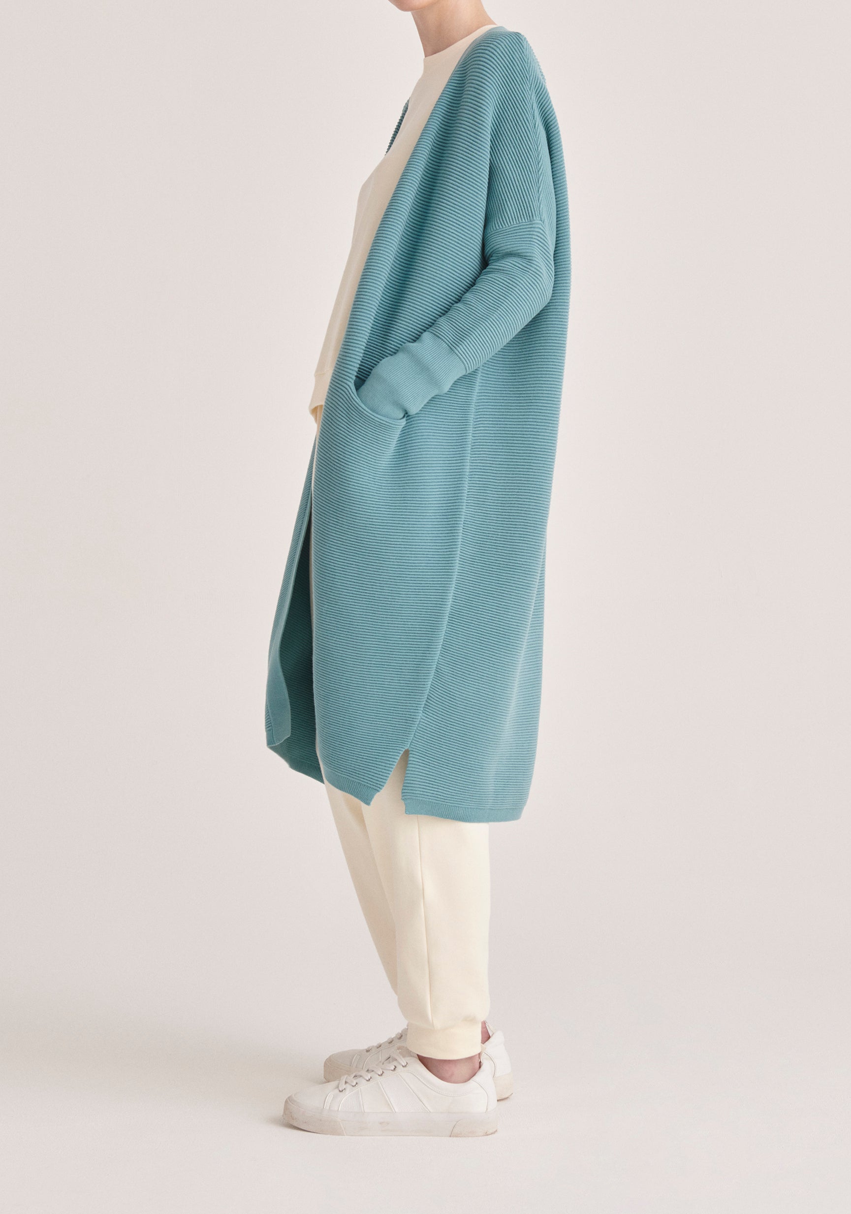 Paisie Long Ribbed Cardigan with Pockets in Teal Side