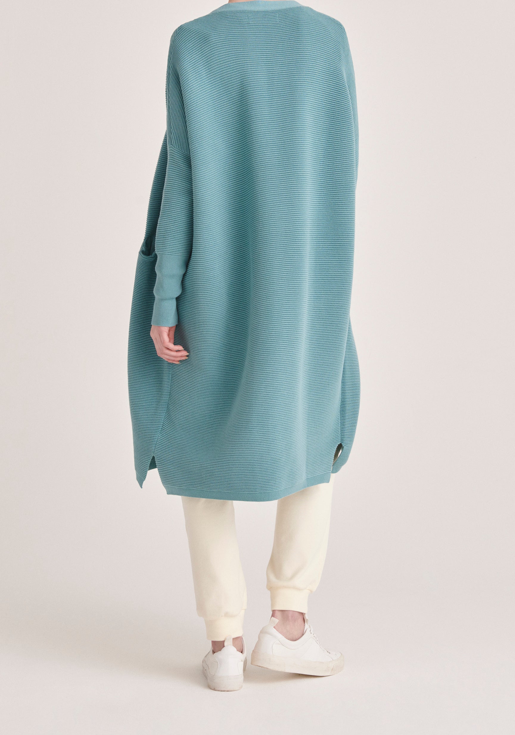 Paisie Long Ribbed Cardigan with Pockets in Teal Back