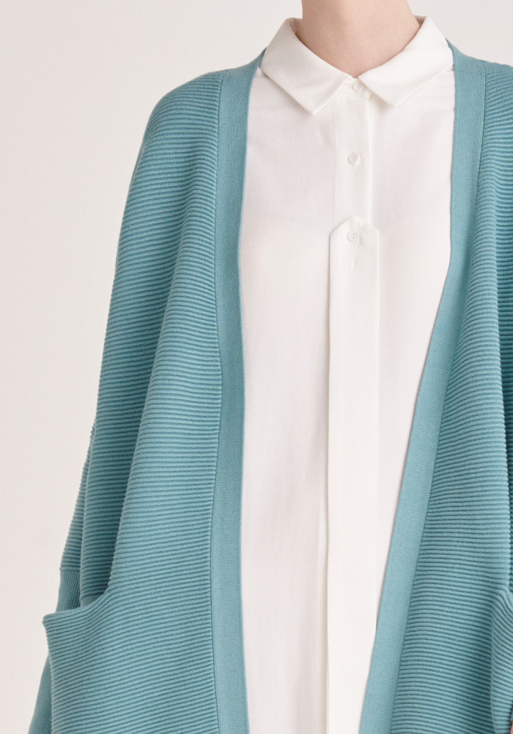 Paisie Long Ribbed Cardigan with Pockets in Teal Close Up