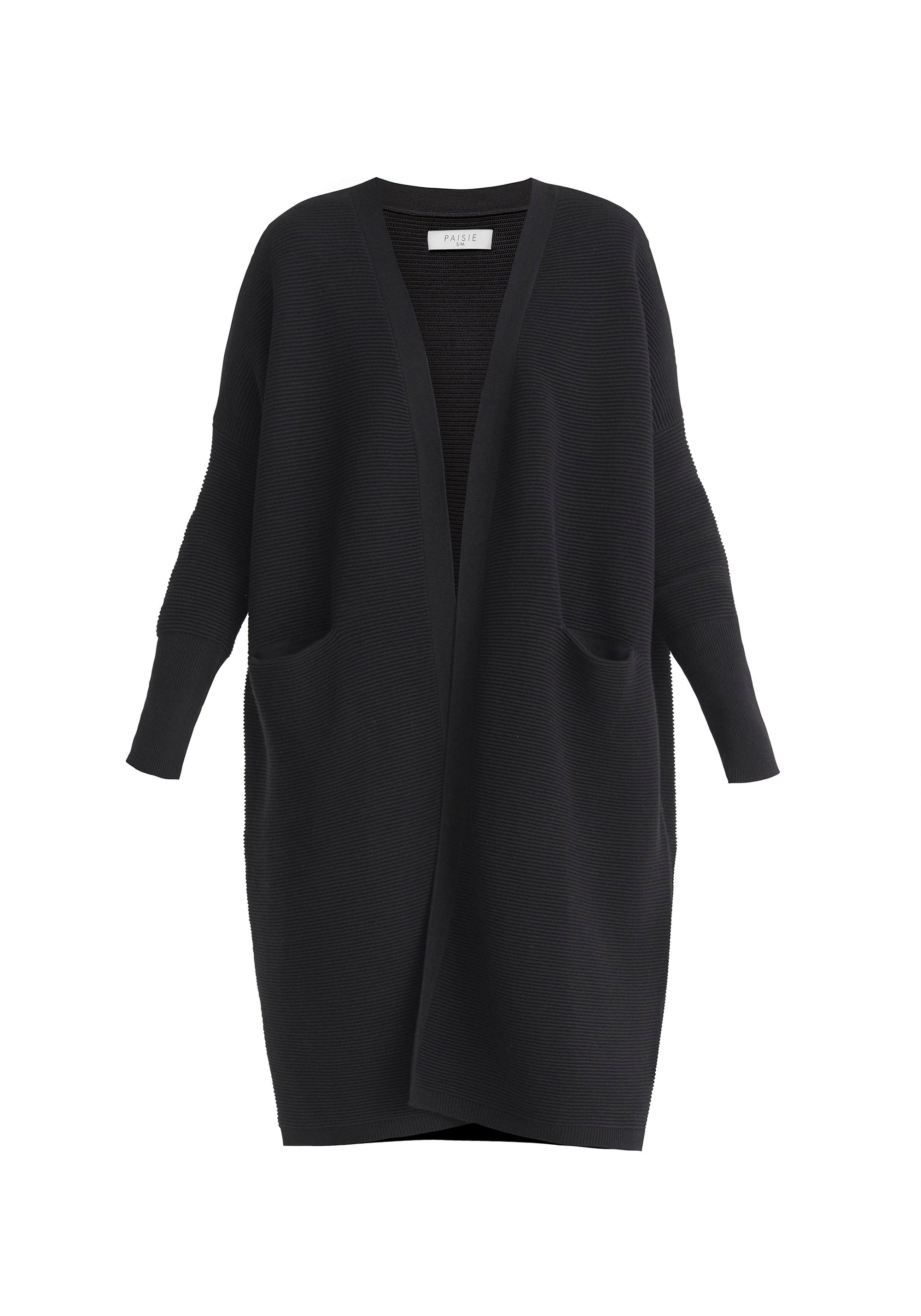 Paisie Long Ribbed Cardigan with Pockets in Black Cut Out