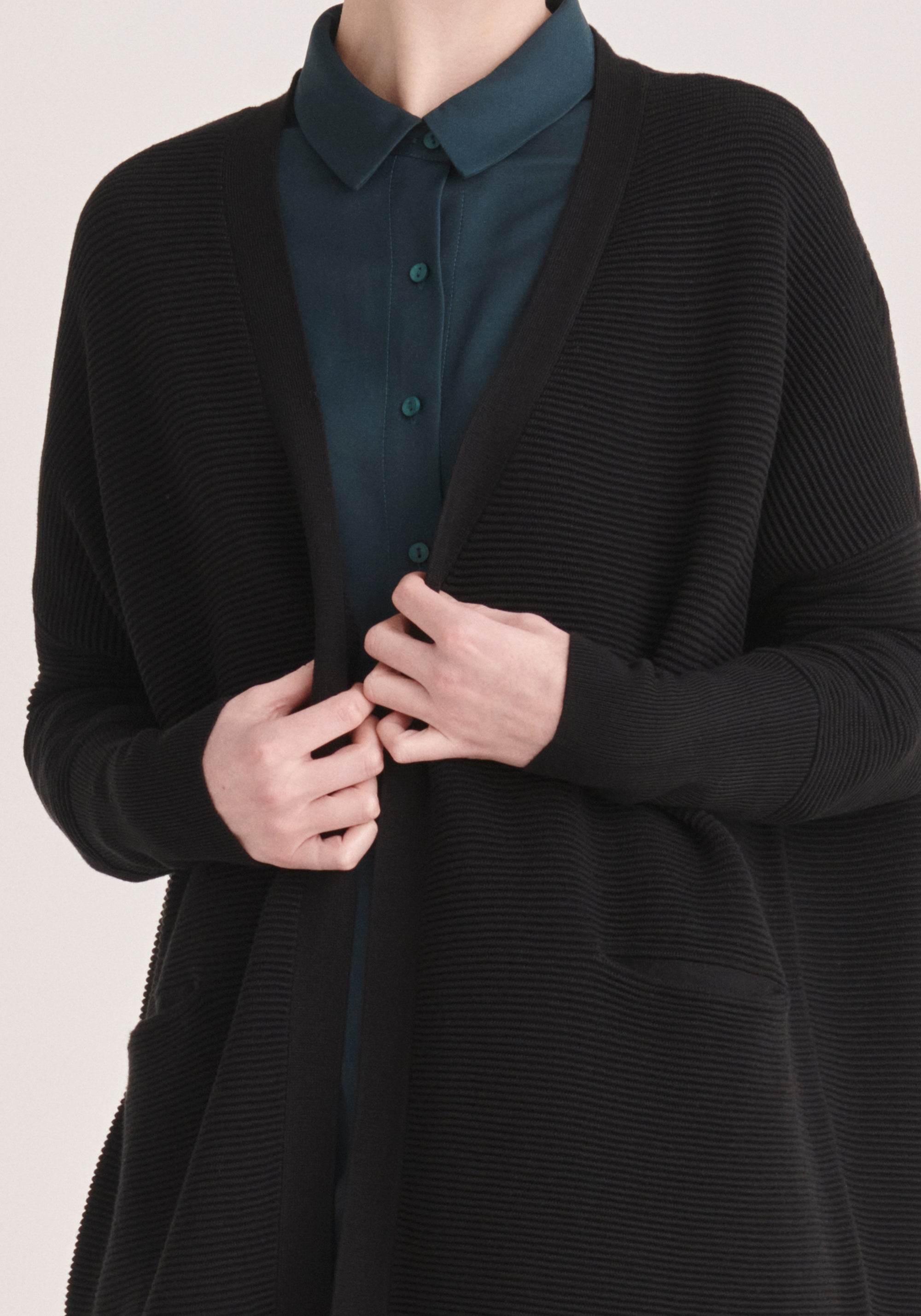 Paisie Long Ribbed Cardigan with Pockets in Black Close Up