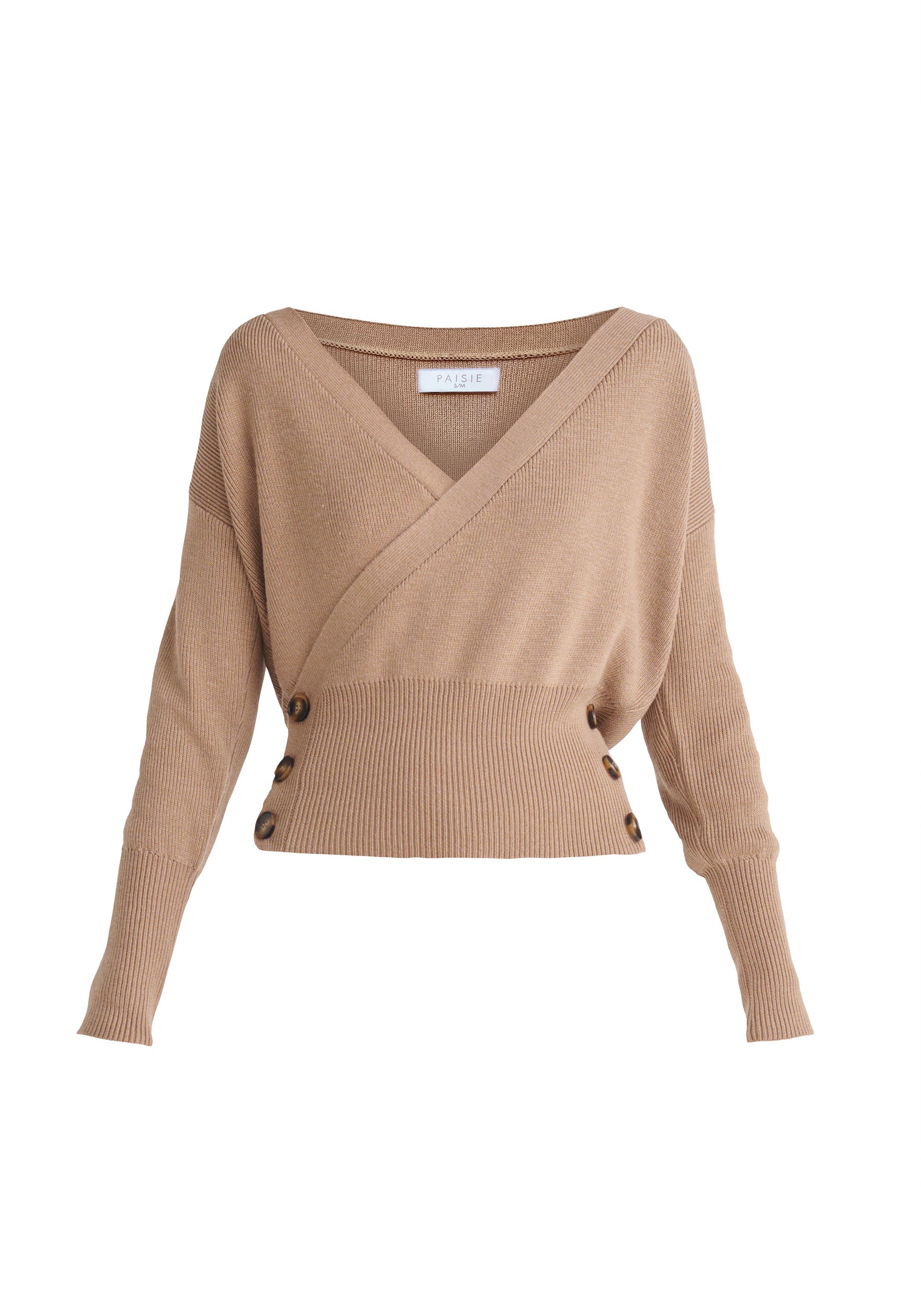 Paisie Knitted Wrap Top with Buttons in Tan Cut Out