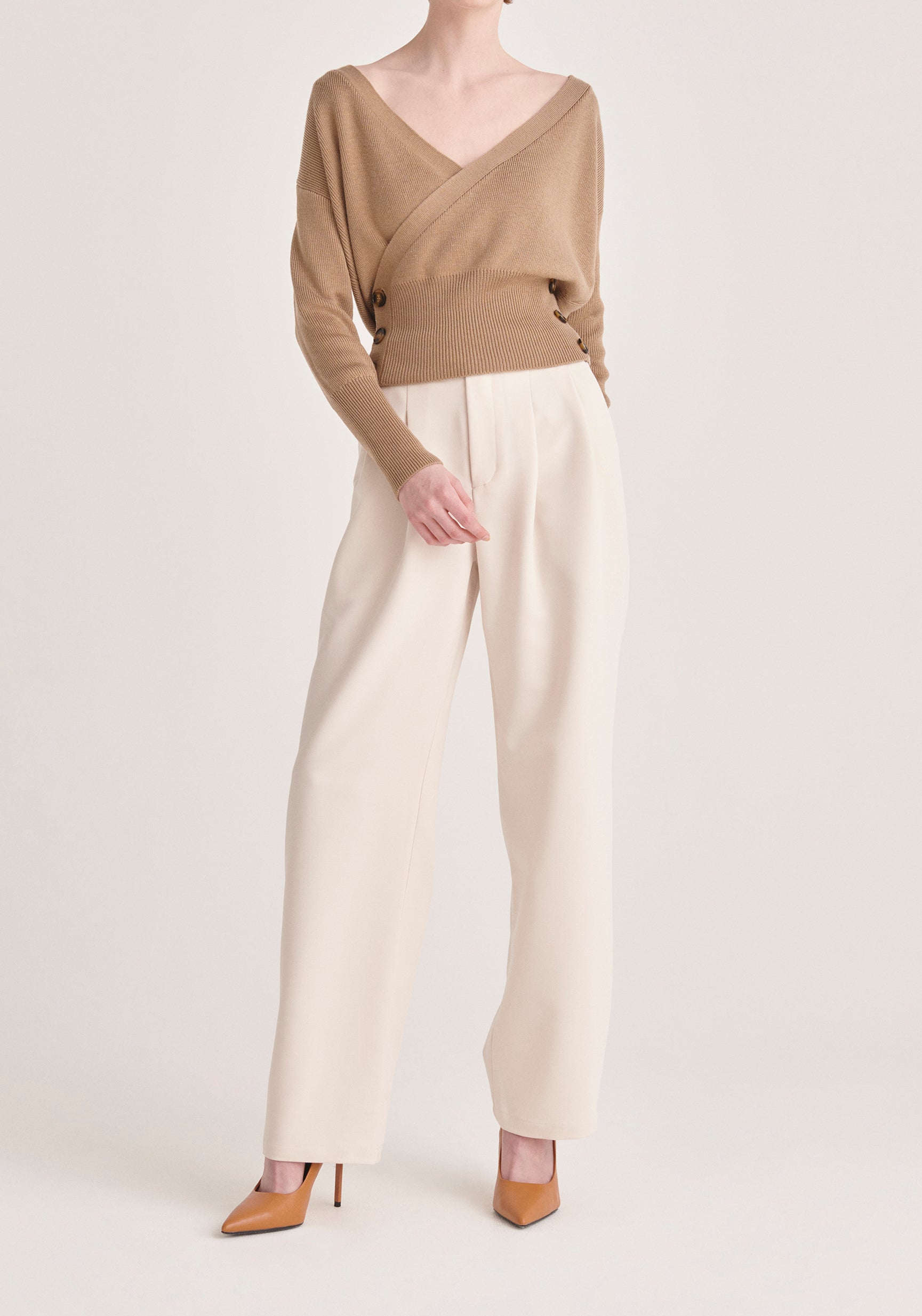 Paisie Knitted Wrap Top with Buttons in Tan