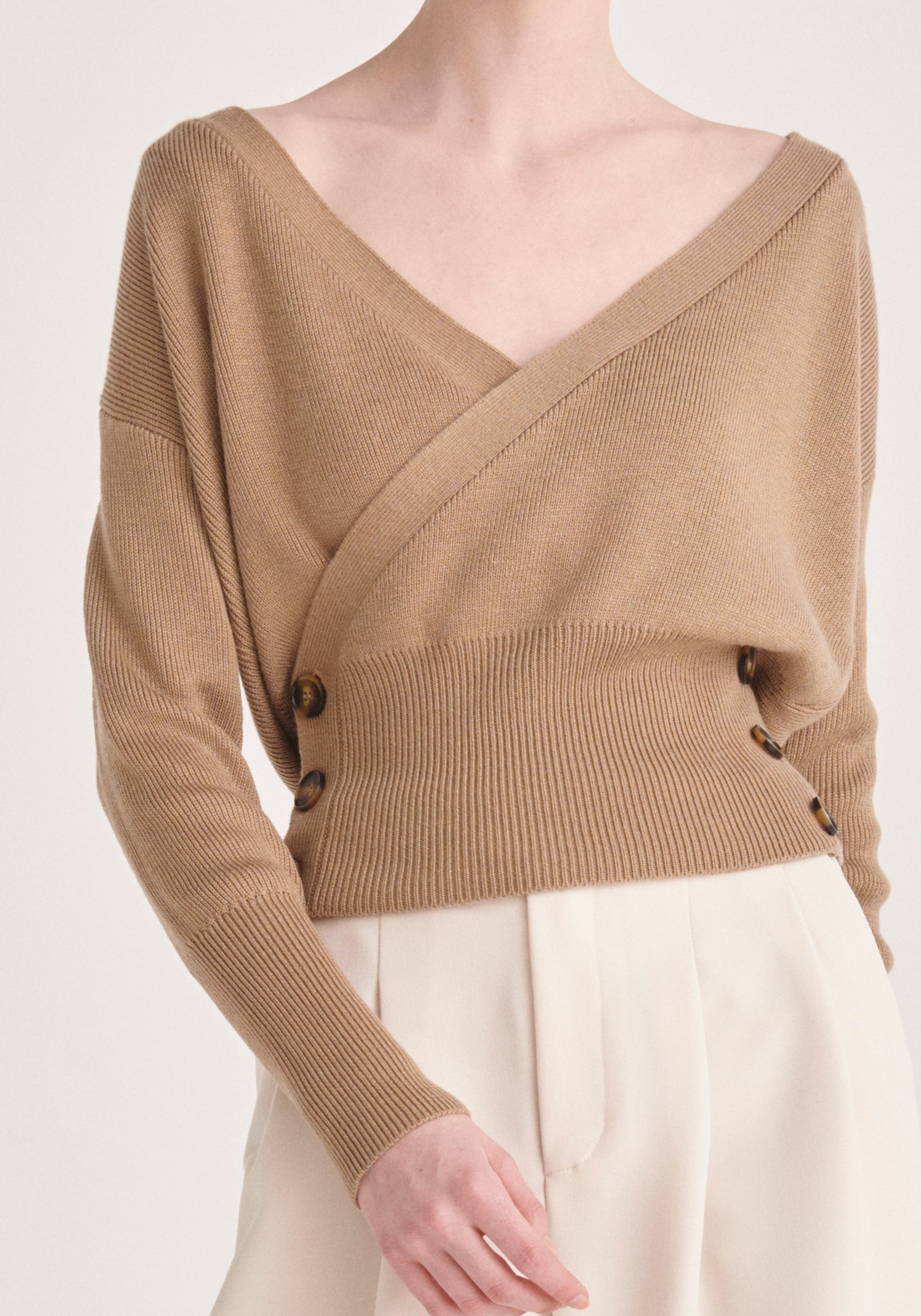 Paisie Knitted Wrap Top with Buttons in Tan Close Up