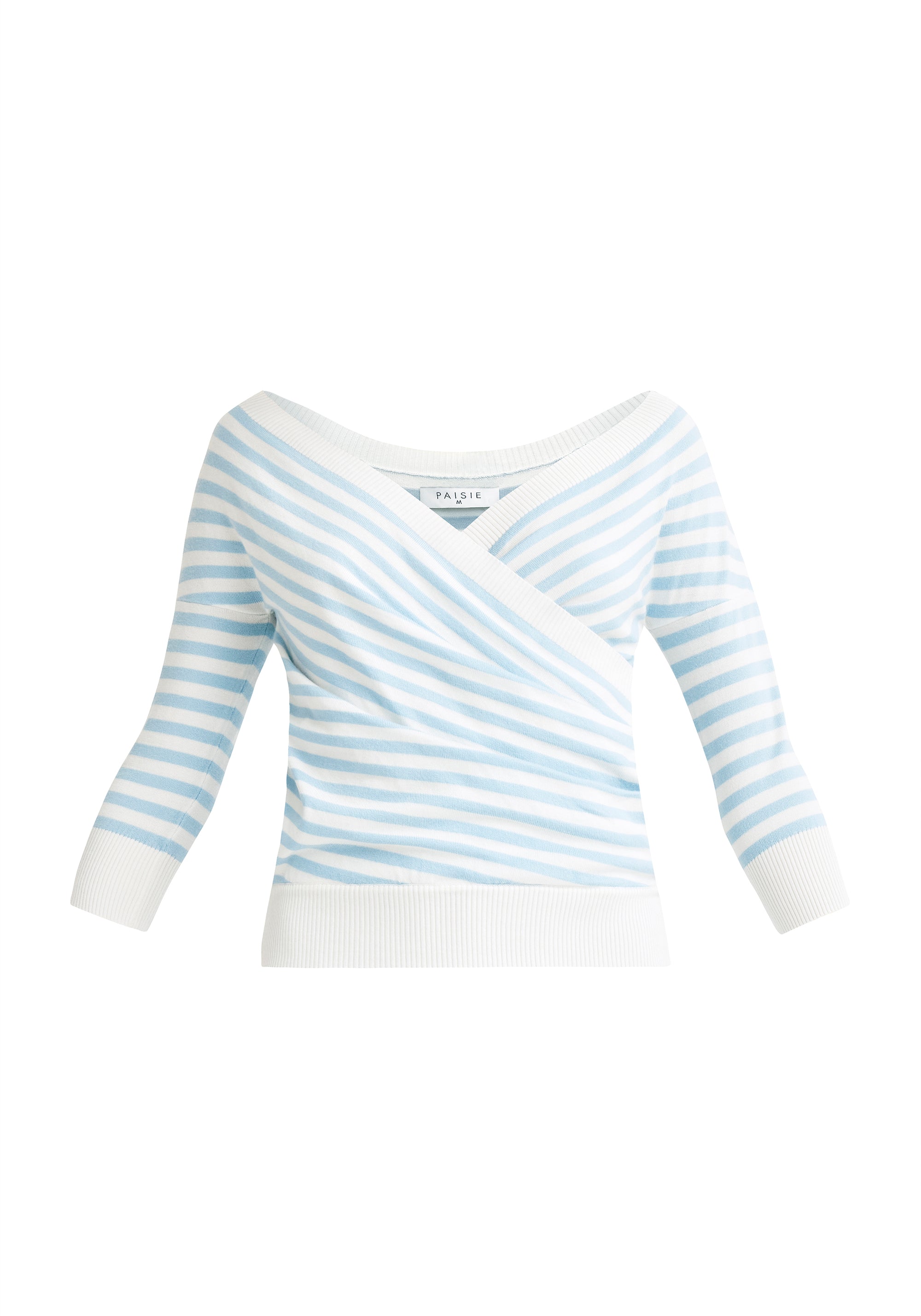 Paisie Striped Knitted Wrap Top with 3/4 Sleeves in Blue and White Cut Out