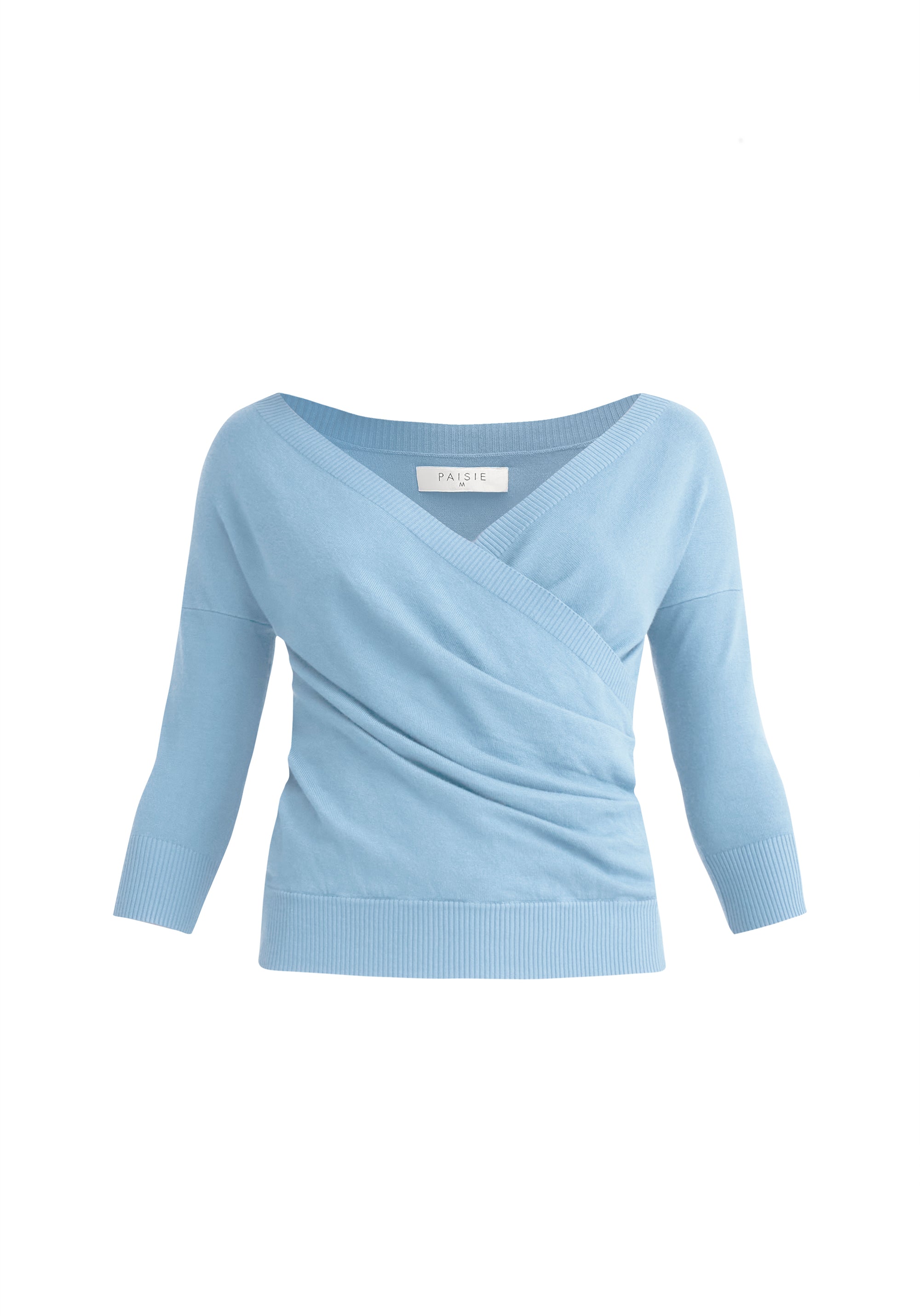 Paisie Knitted Wrap Top with 3/4 sleeves in Light Blue Cut Out