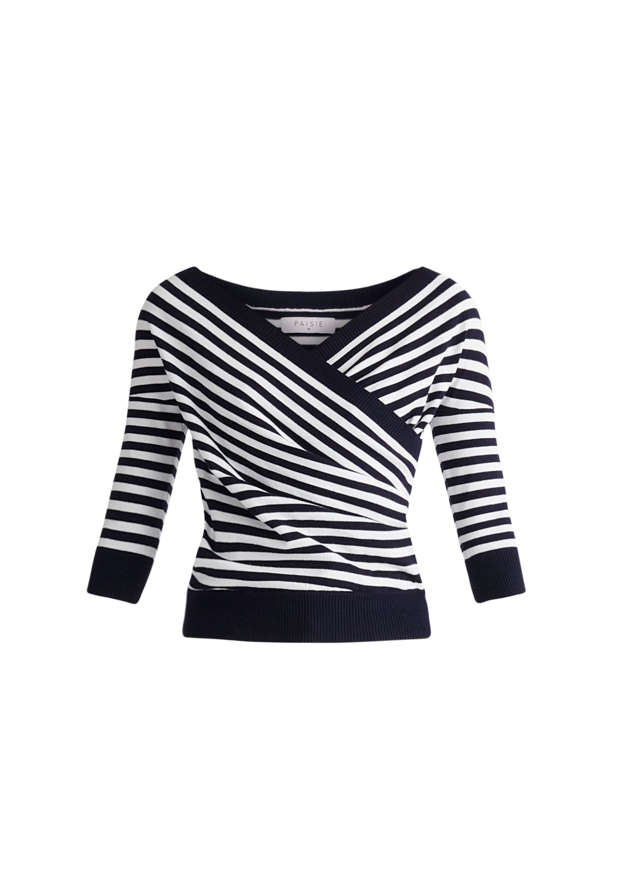 Paisie Knitted Wrap Top with 3/4 Sleeves in Navy and White Cut Out