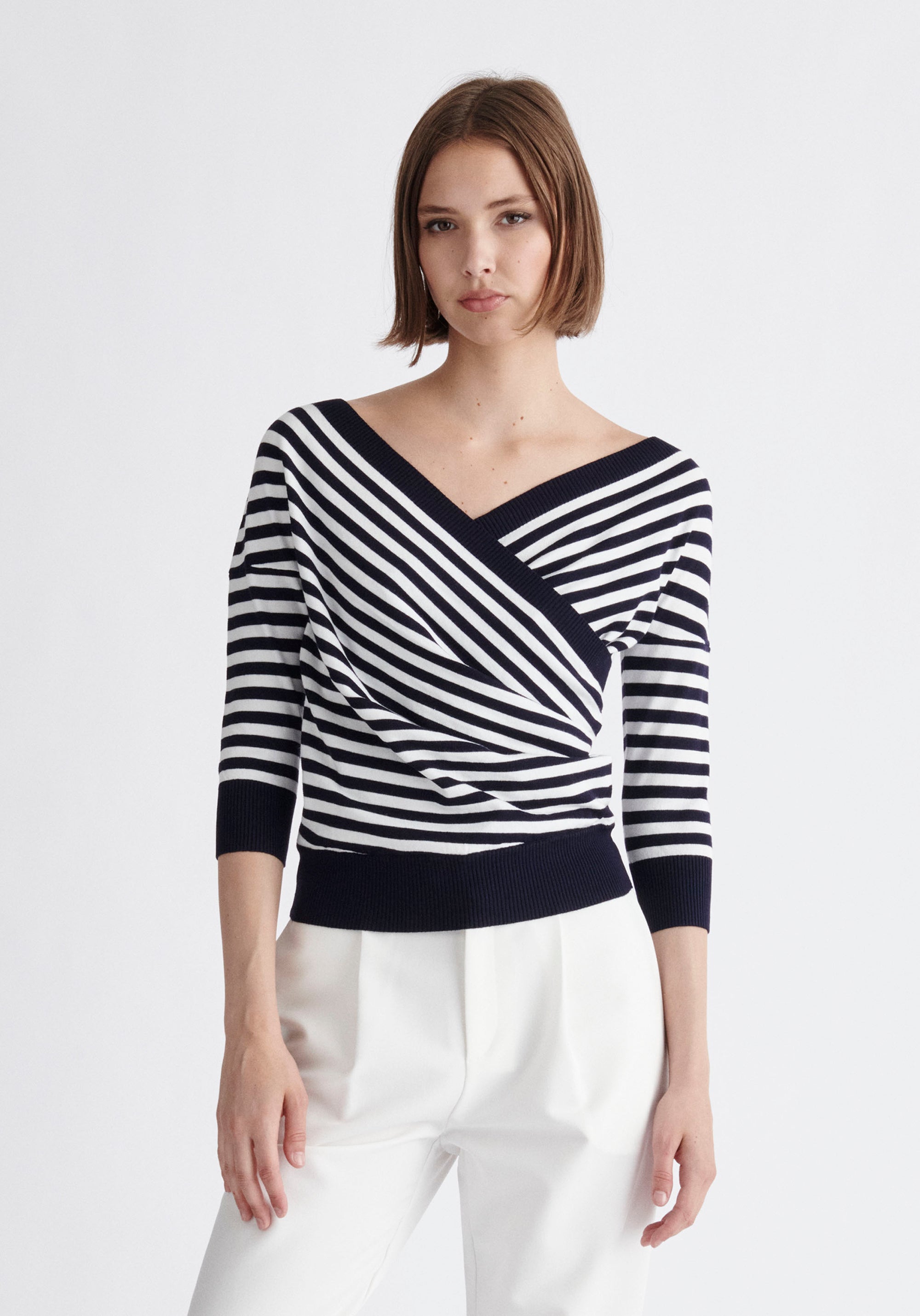 Paisie Knitted Wrap Top with 3/4 Sleeves in Navy and White