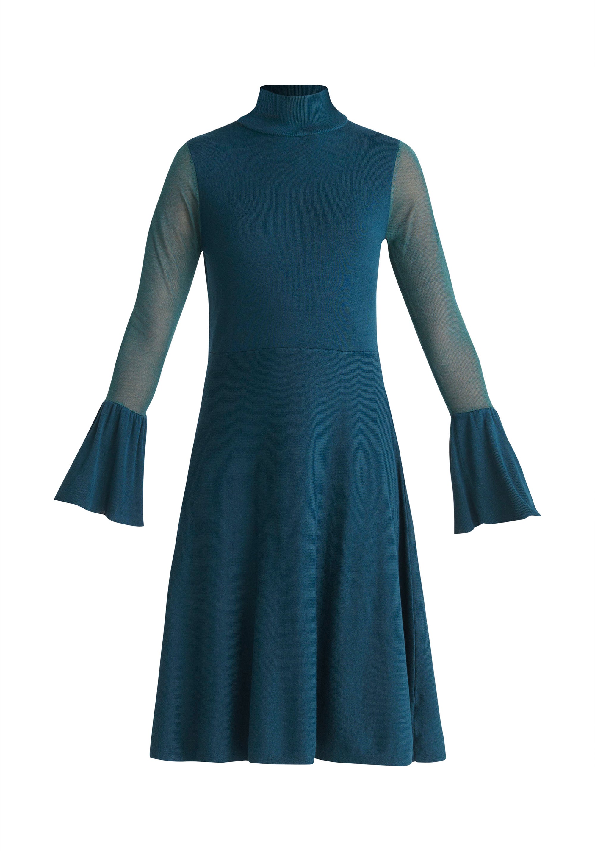 Paisie Flared Sleeve Knitted Fit and Flare Dress in Dark Teal Cut Out