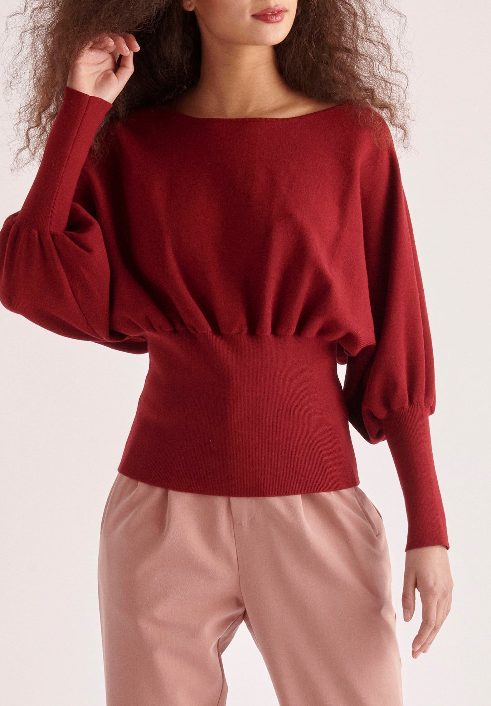 Paisie Balloon Sleeve Knitted Top in Cherry Red