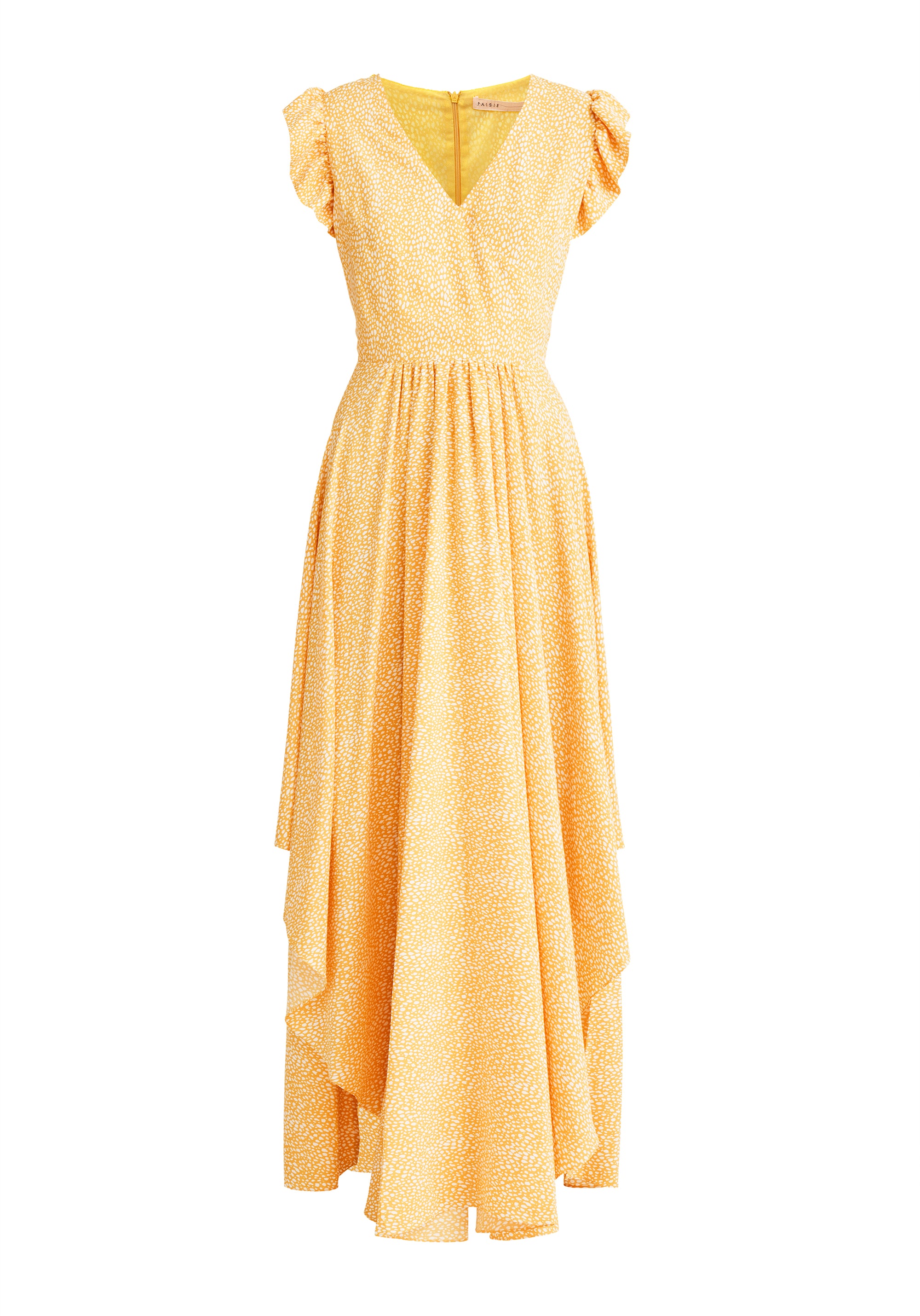 Paisie Asymmetric Hem Maxi Dress in Yellow and White Cut Out