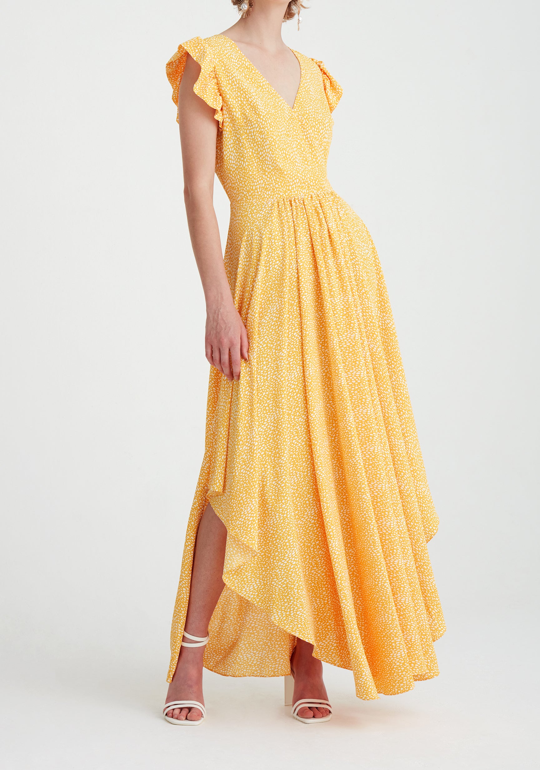 Paisie Asymmetric Hem Maxi Dress in Yellow and White