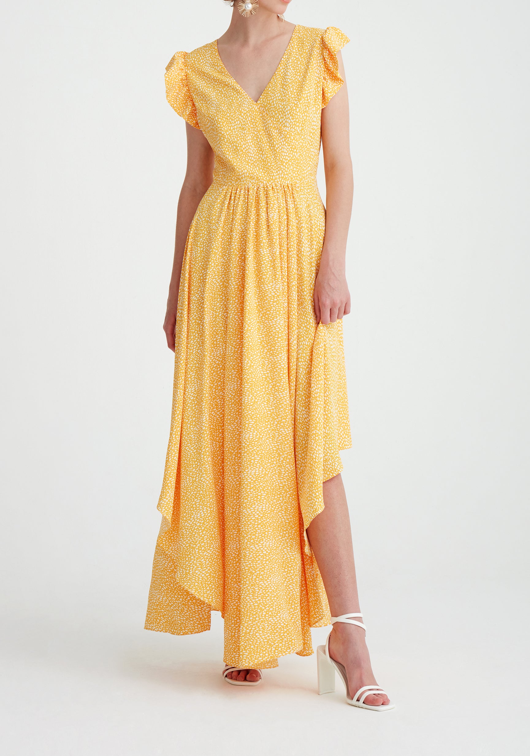 Paisie Asymmetric Hem Maxi Dress in Yellow and White