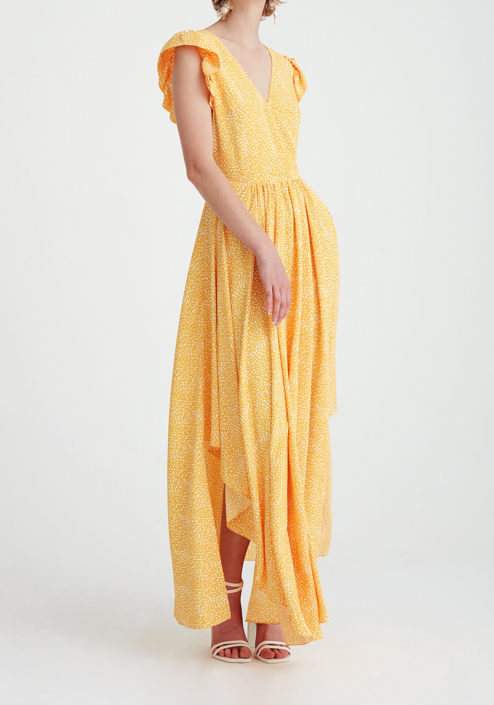 Paisie Asymmetric Hem Maxi Dress in Yellow and White