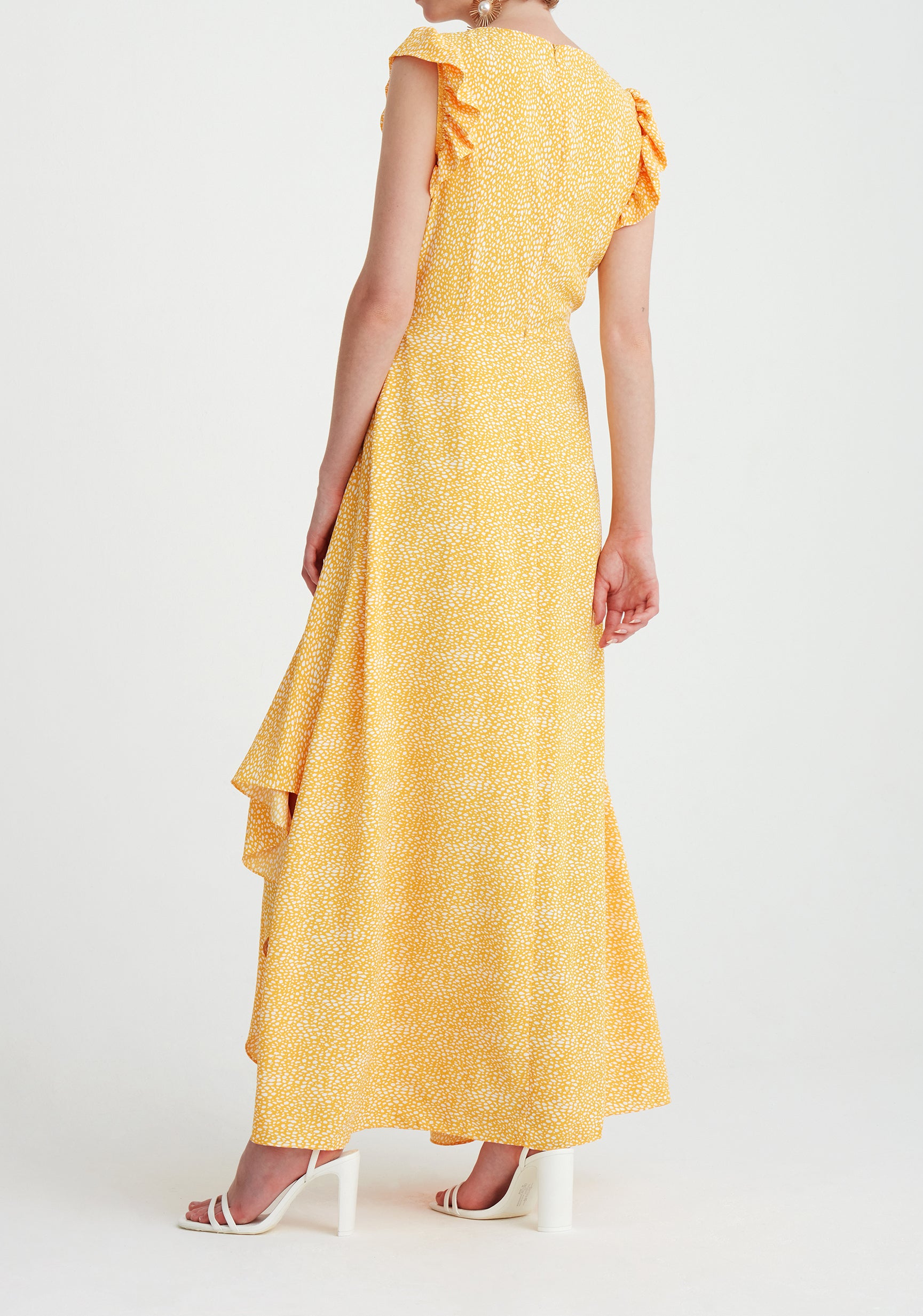 Paisie Asymmetric Hem Maxi Dress in Yellow and White Back