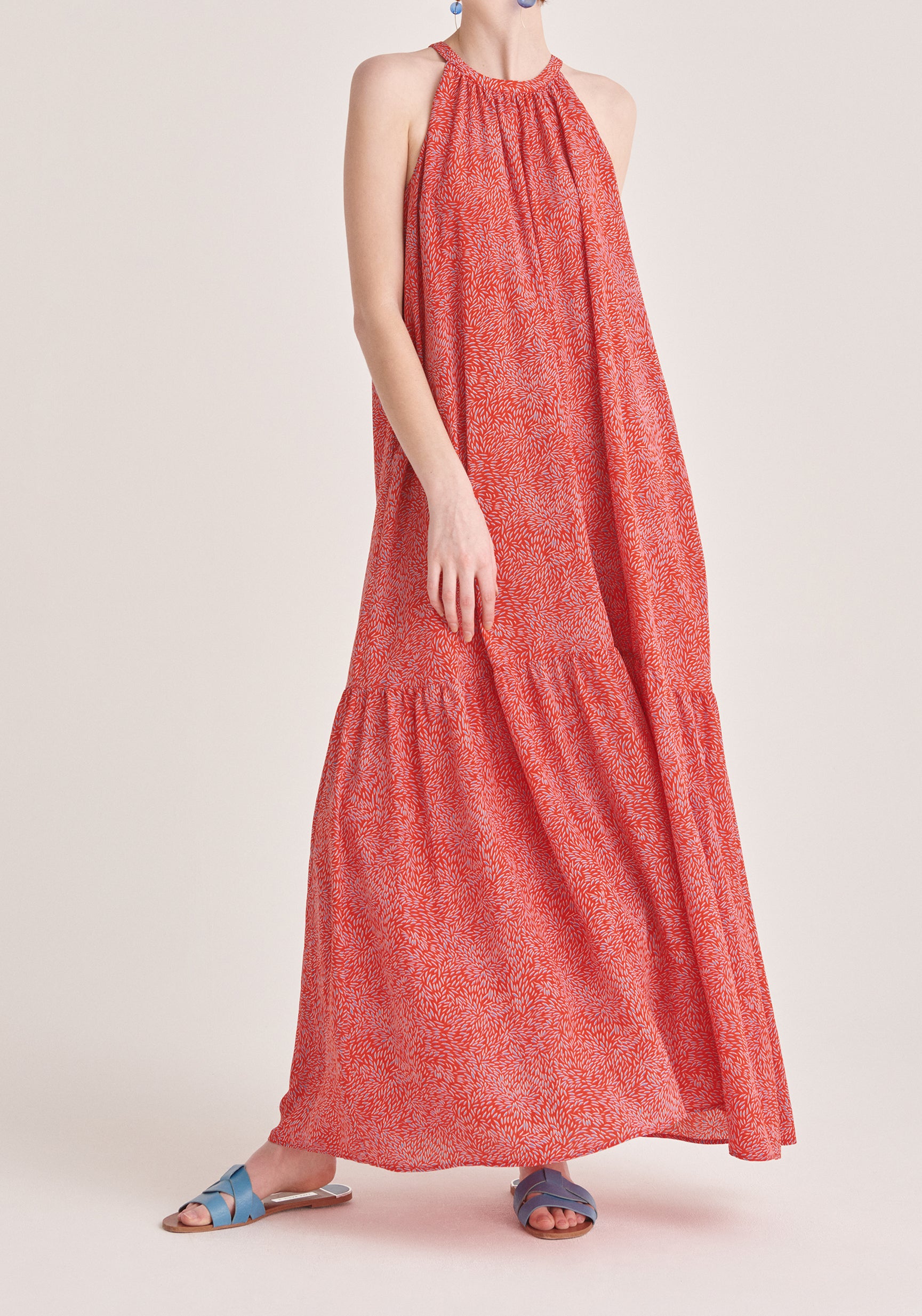 Paisie Graphic Print Halterneck Maxi Dress in Red