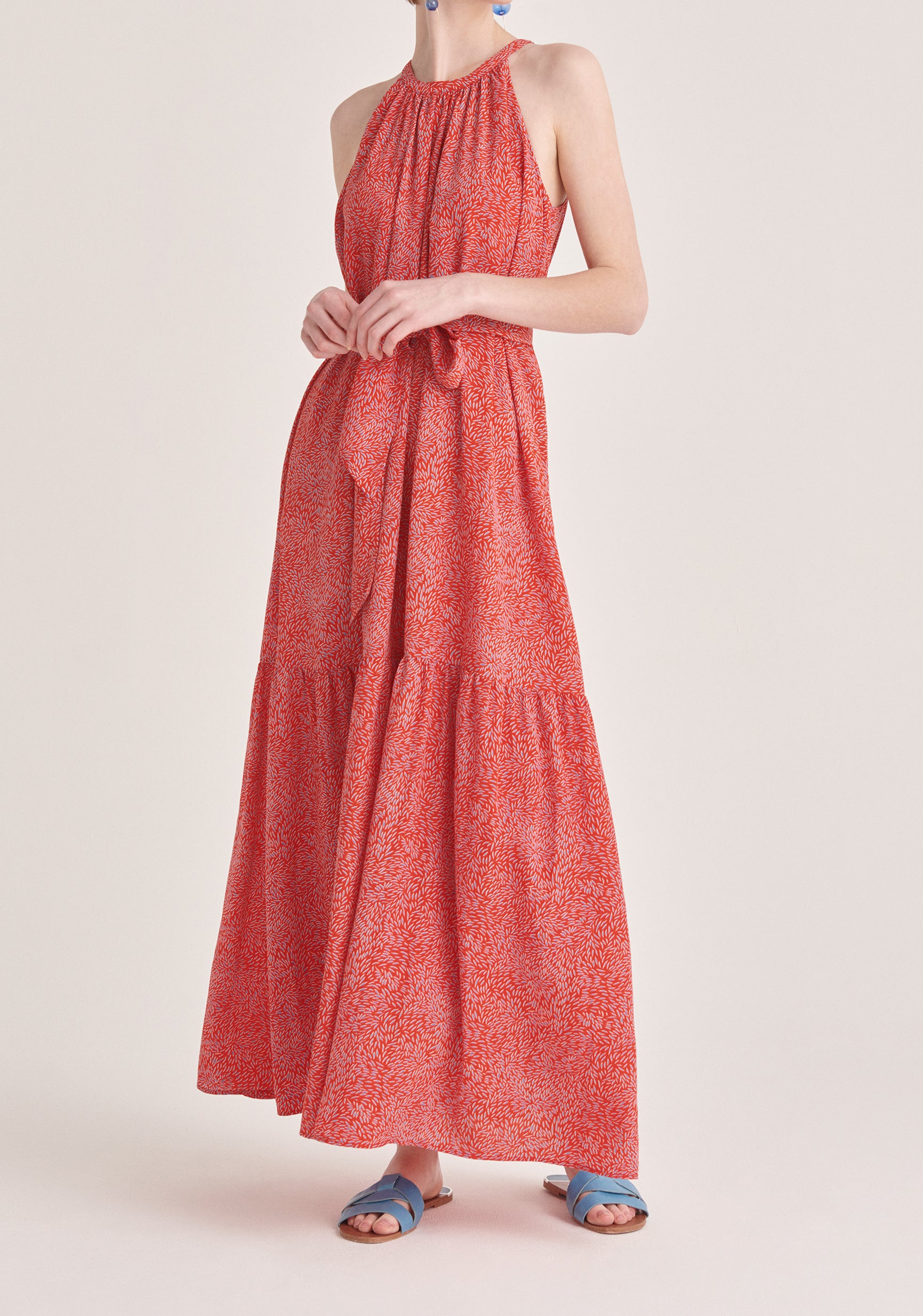 Paisie Graphic Print Halterneck Maxi Dress in Red