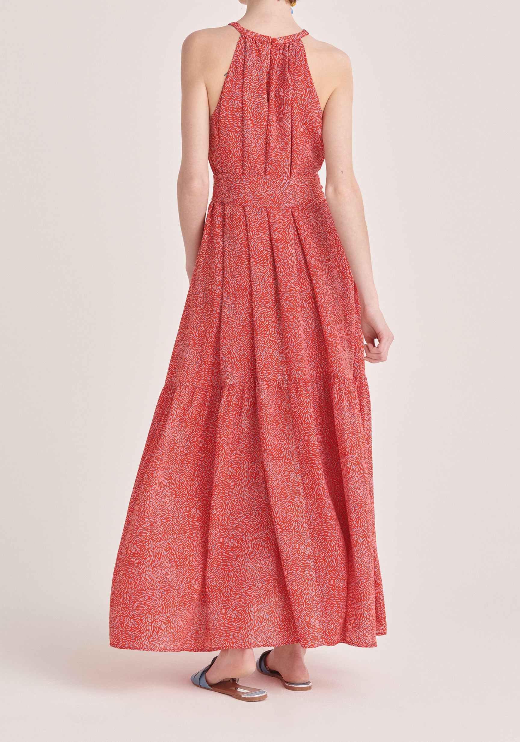 Paisie Graphic Print Halterneck Maxi Dress in Red Back