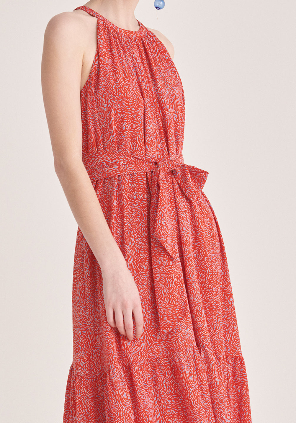 Paisie Graphic Print Halterneck Maxi Dress in Red Close Up