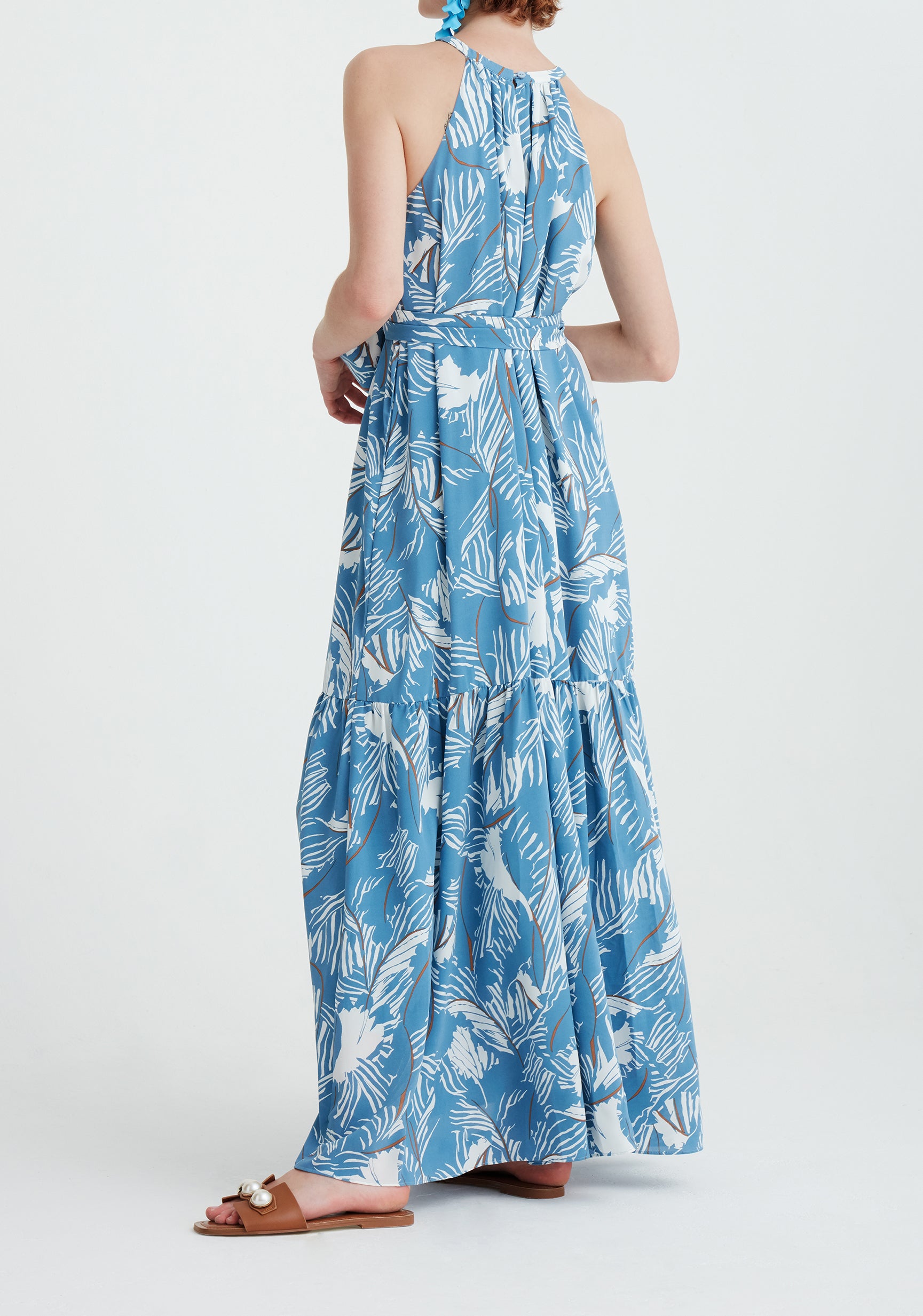 Paisie Floral Halterneck Maxi Dress in Blue Back