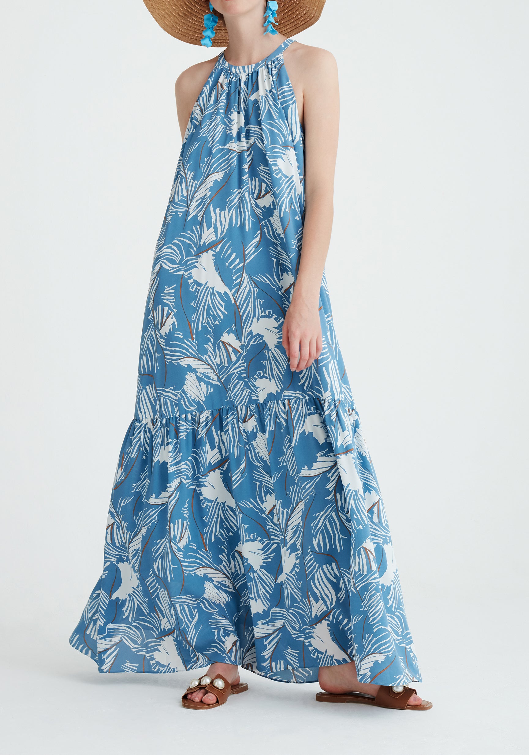 Paisie Floral Halterneck Maxi Dress in Blue