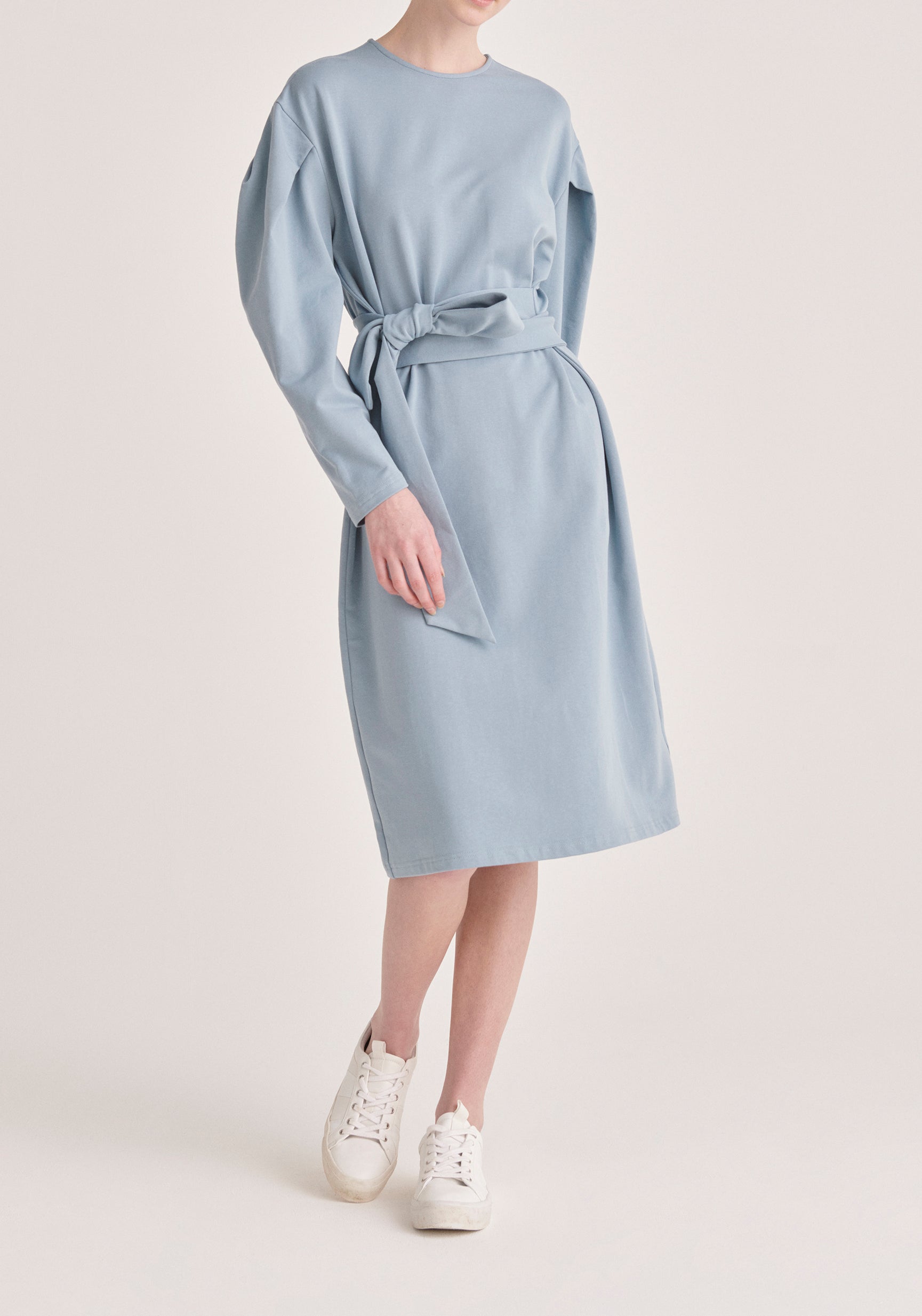 Paisie Midi Waist Tie Jersey Dress in Blue