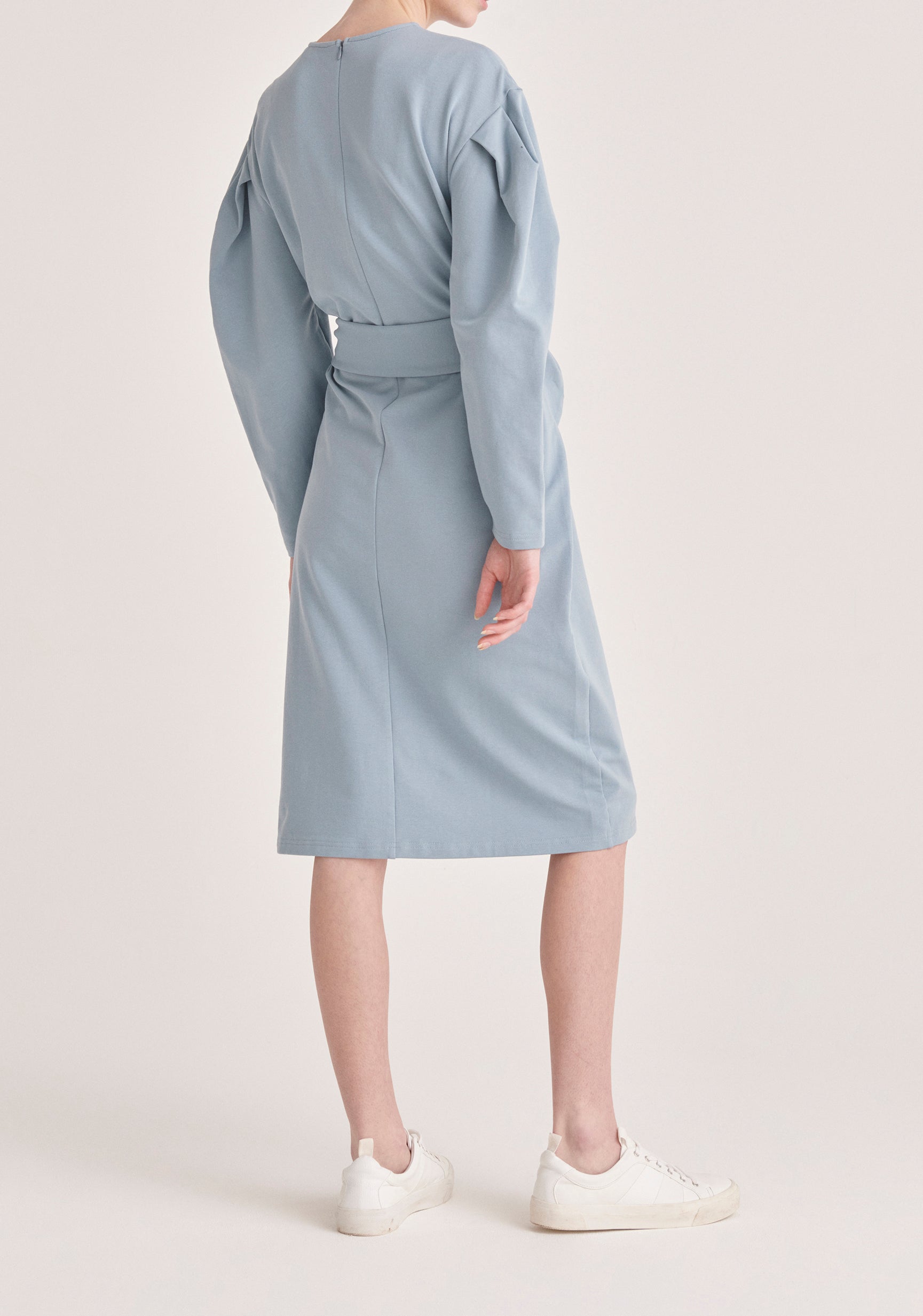 Paisie Midi Waist Tie Jersey Dress in Blue Back