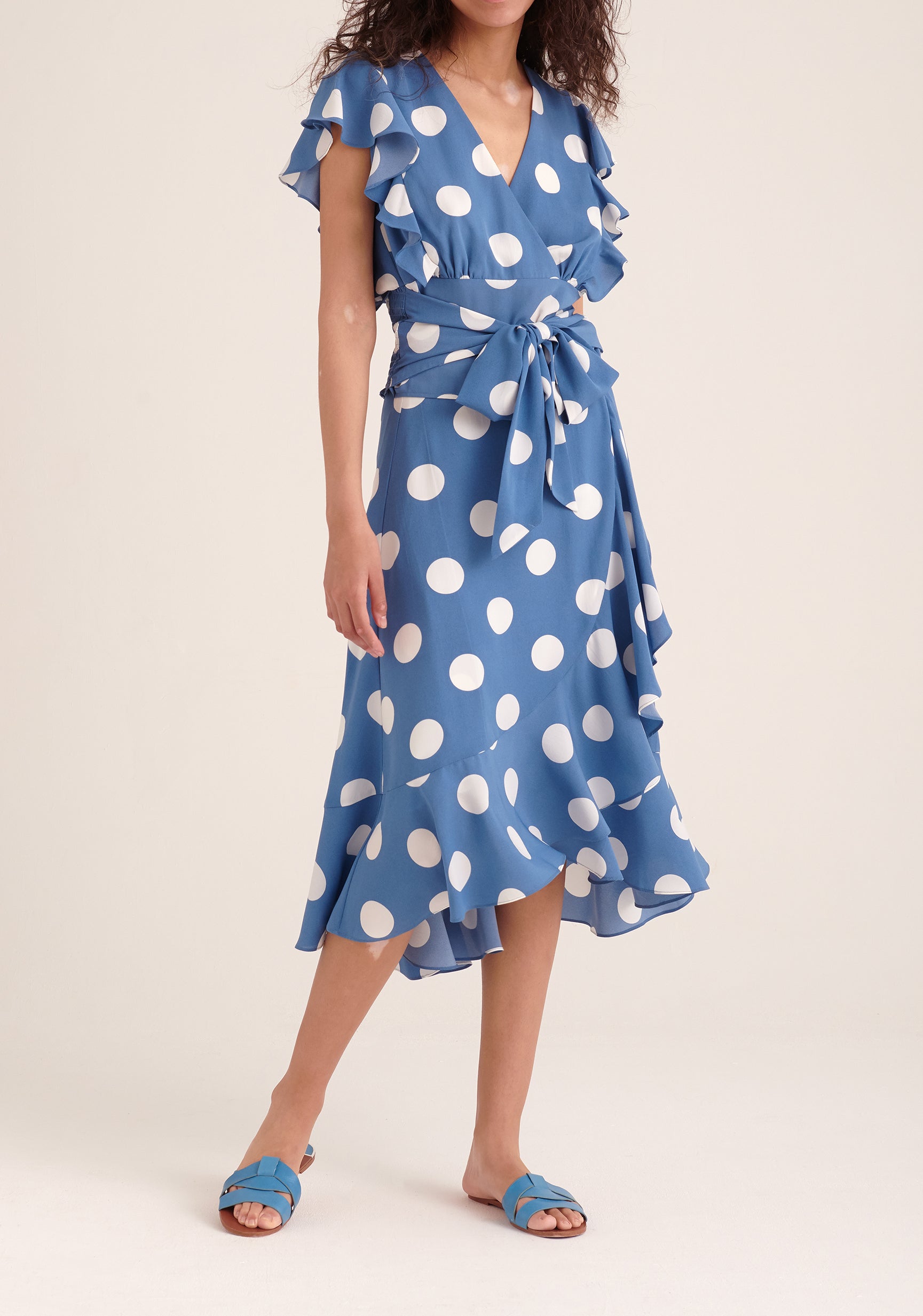 Paisie Polka Dot Wrap Tie Skirt in Blue and White